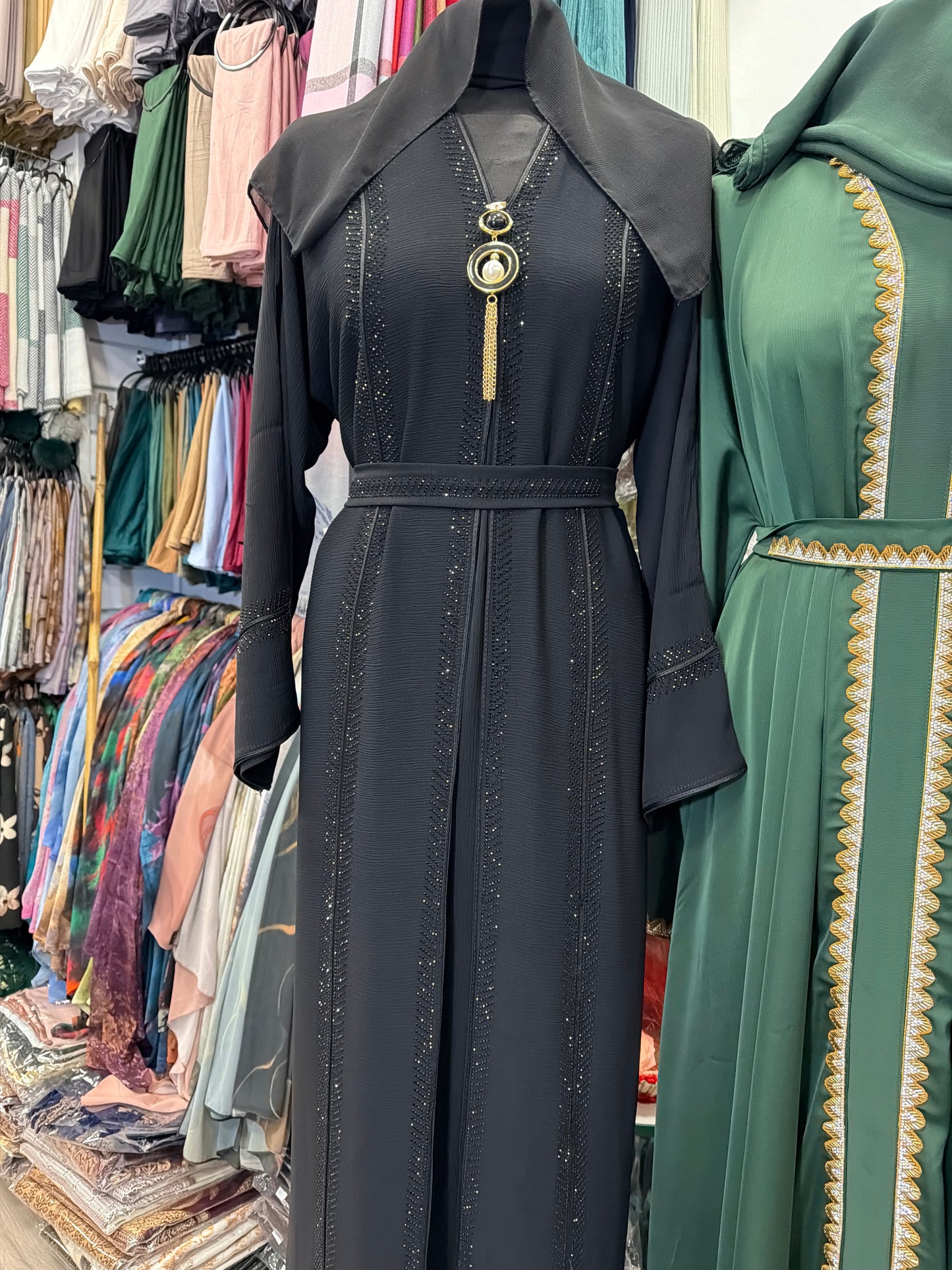Luxury Black Crystal Embellished Belted Abaya | Elegant Modest Dress