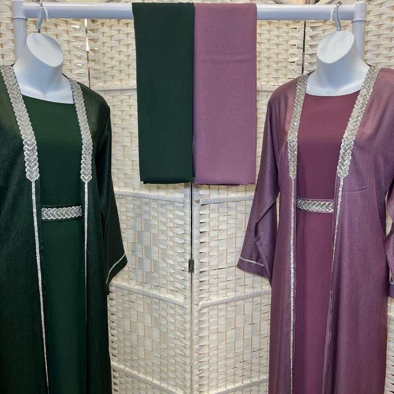 Elegance Layered Two-Piece Abaya Inner + Open Overlayer with Silver Embellishments & Matching Scarf for Special Occasions