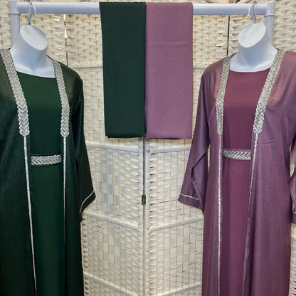 Elegance Layered Two-Piece Abaya Inner + Open Overlayer with Silver Embellishments & Matching Scarf for Special Occasions