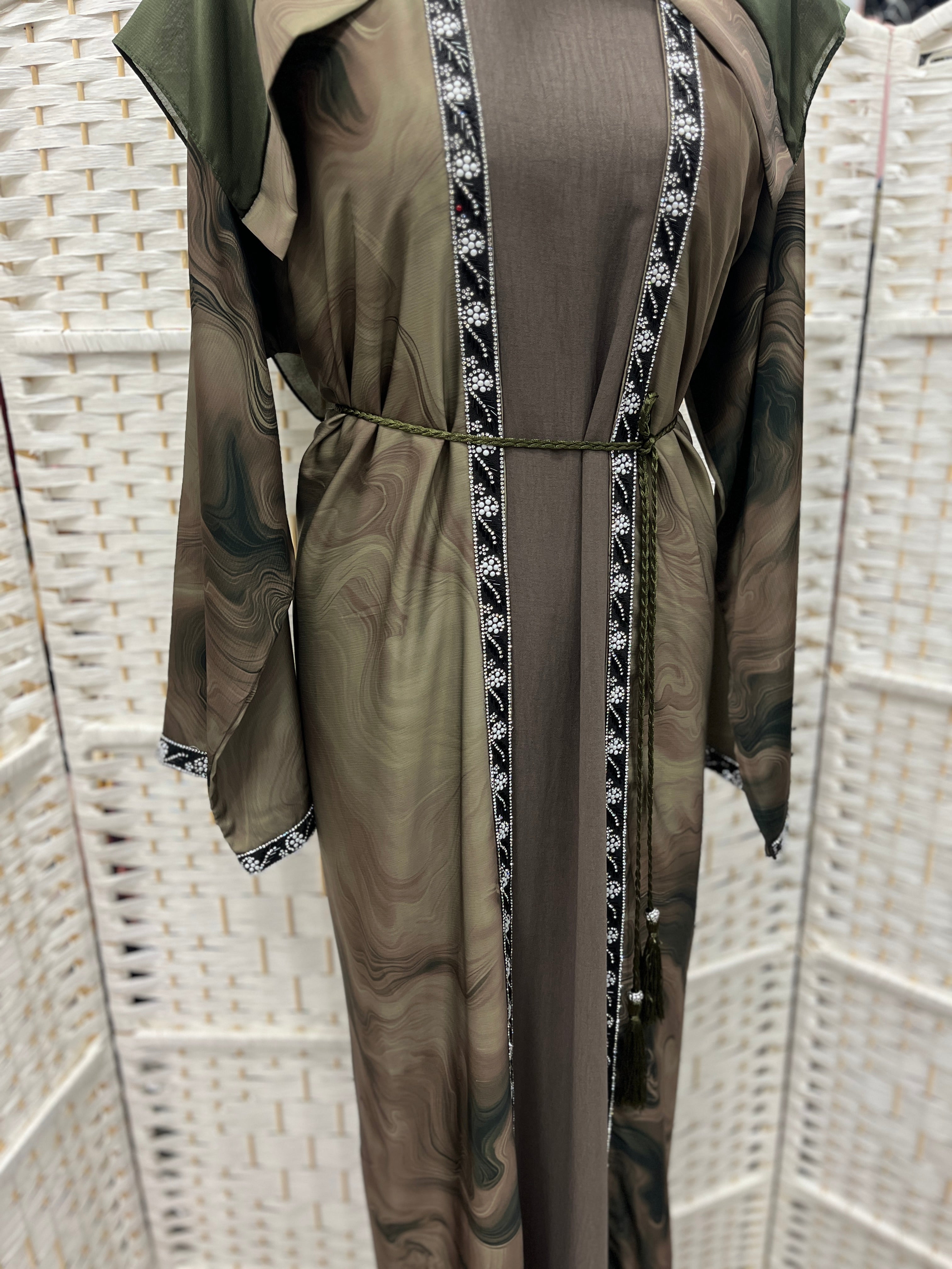 Olive Aura Two-Piece Layered Abaya Set - Luxury Inner Slip Dress & Sheer Marbled Overslip with Embroidered Trims & Belt