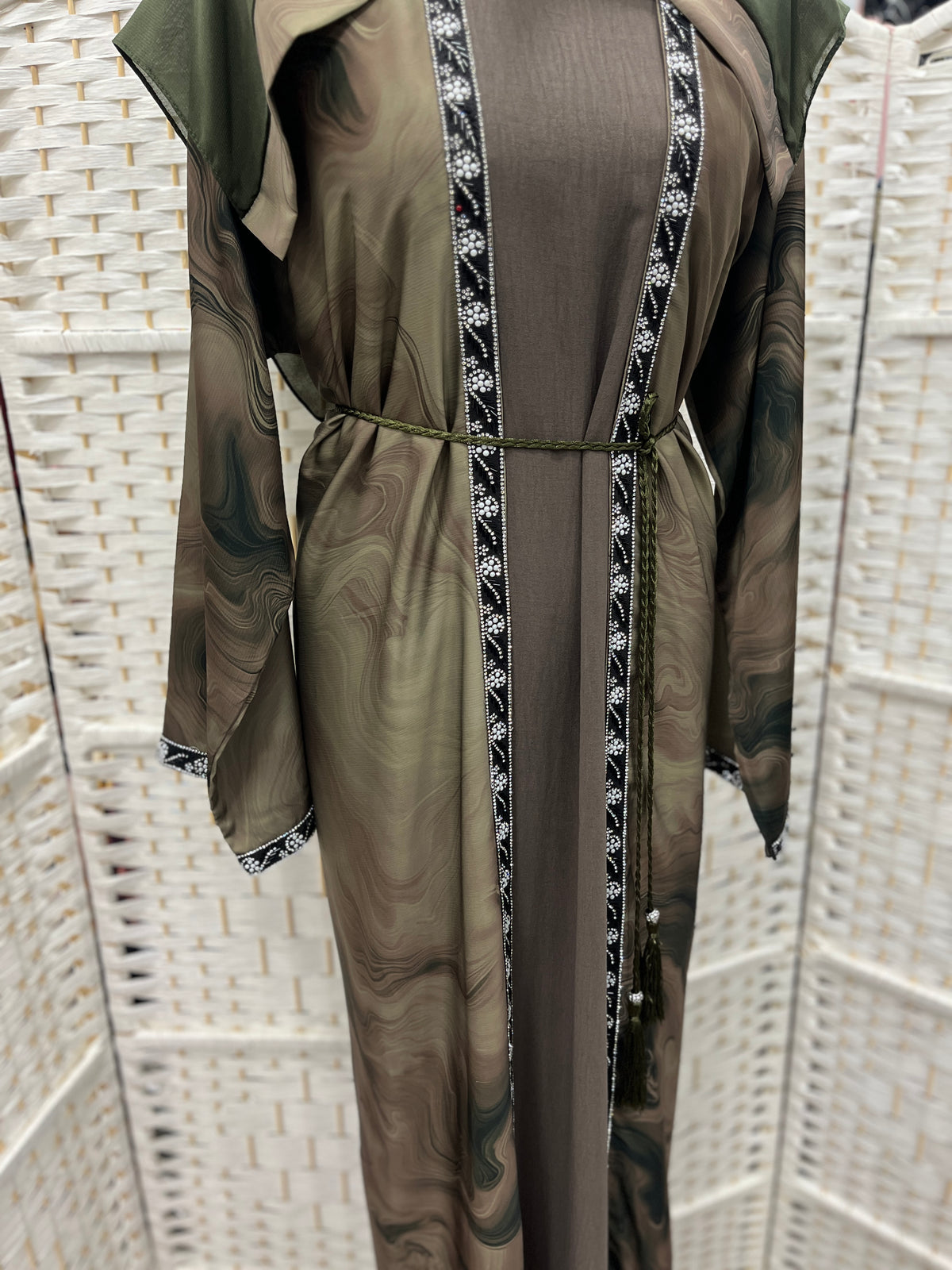 Olive Aura Two-Piece Layered Abaya Set - Luxury Inner Slip Dress & Sheer Marbled Overslip with Embroidered Trims & Belt
