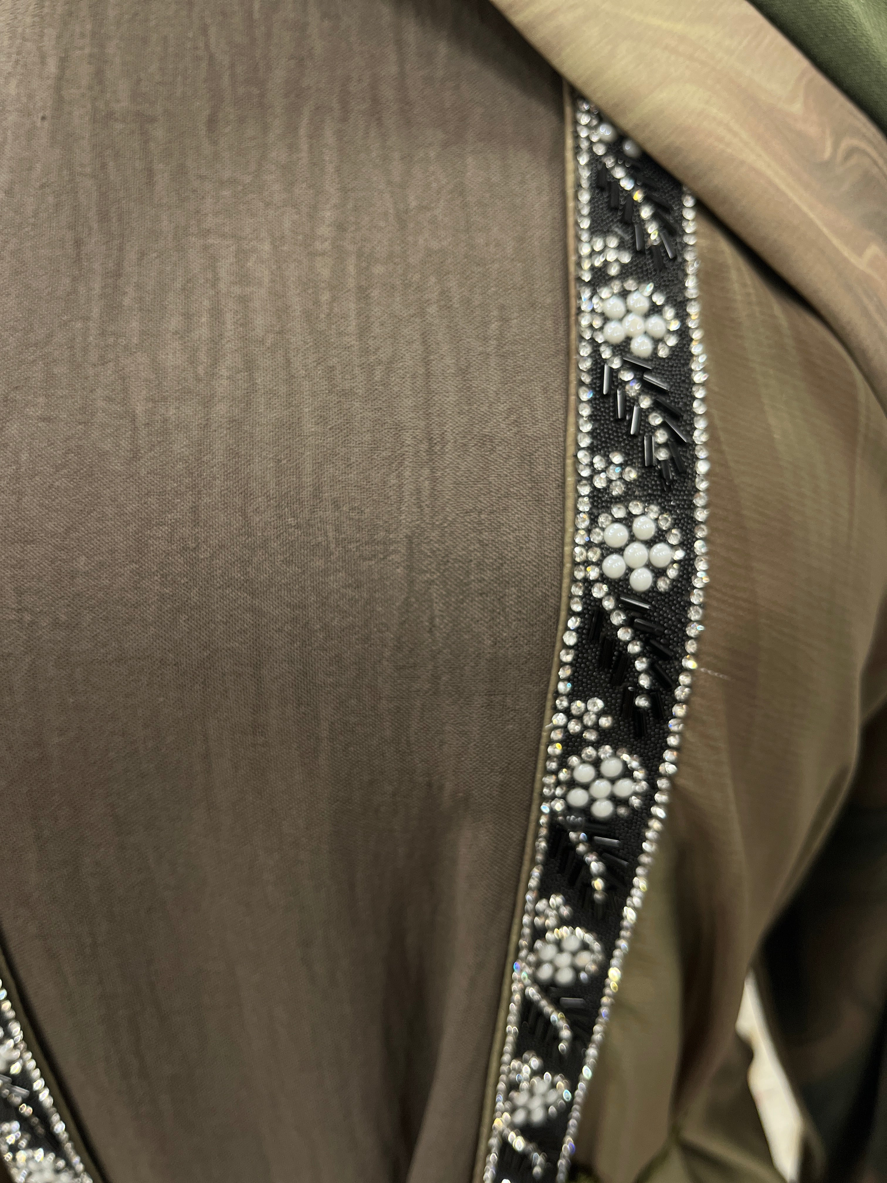 Olive Aura Two-Piece Layered Abaya Set - Luxury Inner Slip Dress & Sheer Marbled Overslip with Embroidered Trims & Belt