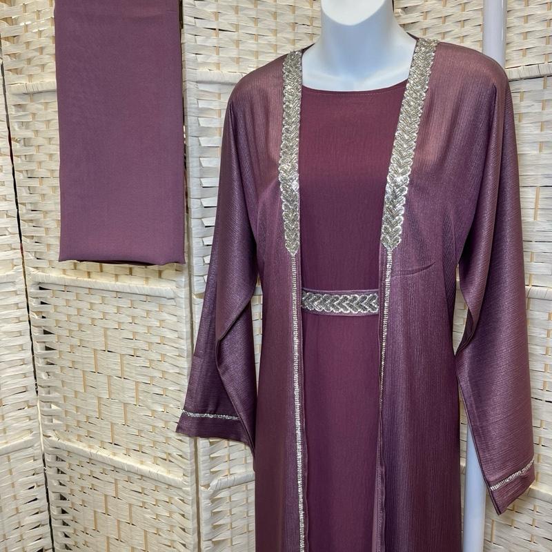 Elegance Layered Two-Piece Abaya Inner + Open Overlayer with Silver Embellishments & Matching Scarf for Special Occasions