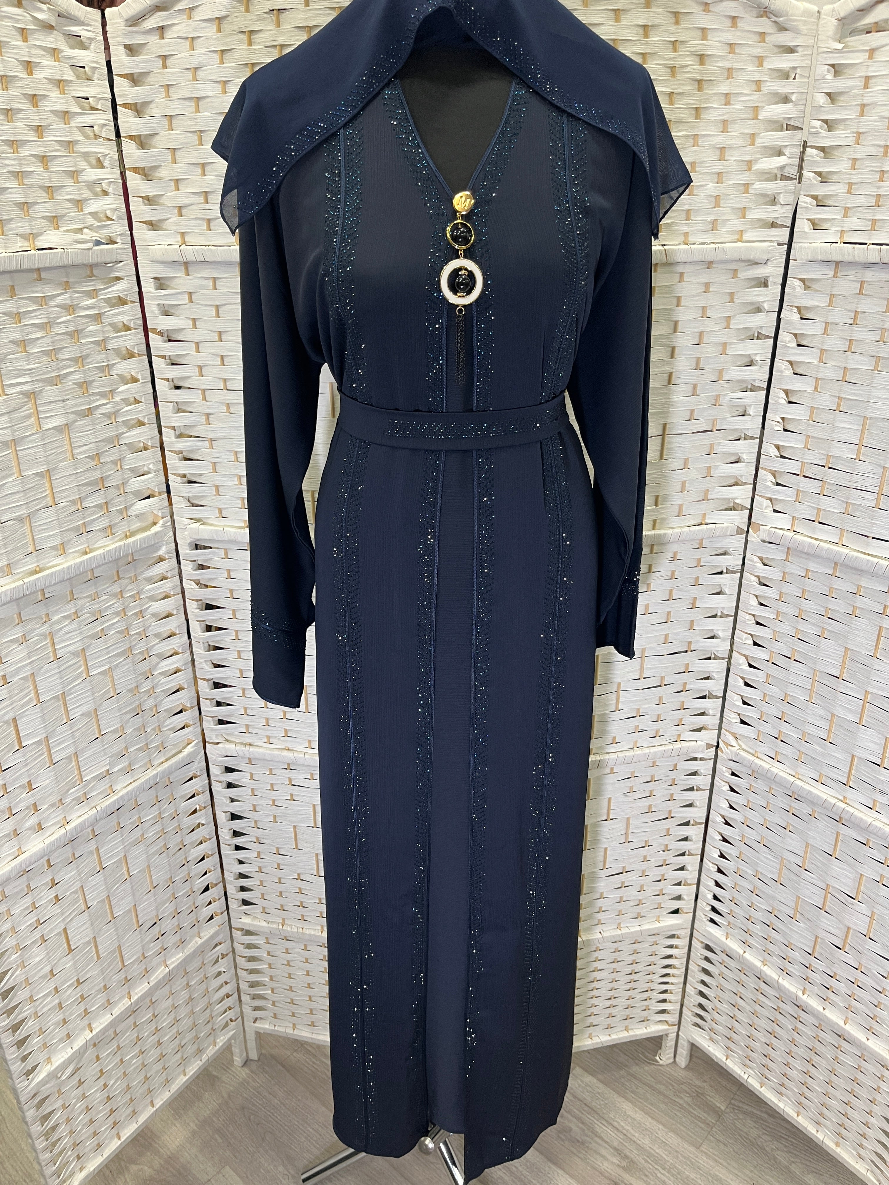 Luxury Midnight Navy Crystal Embellished Belted Abaya | Elegant Modest Dress