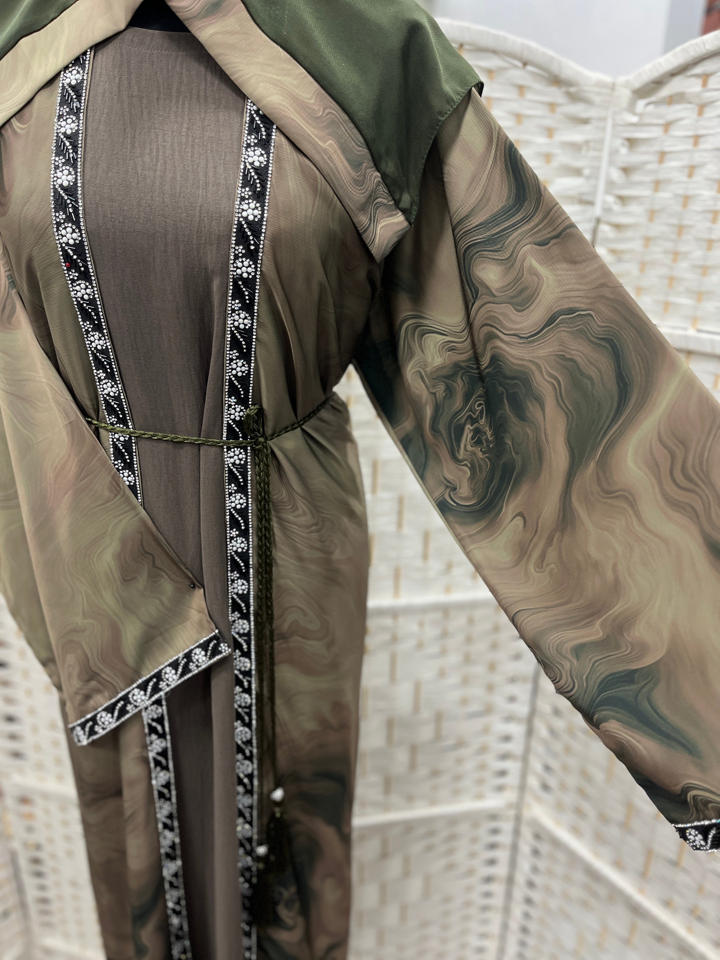 Olive Aura Two-Piece Layered Abaya Set - Luxury Inner Slip Dress & Sheer Marbled Overslip with Embroidered Trims & Belt