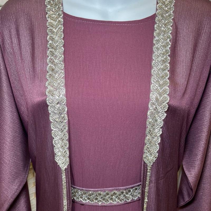 Elegance Layered Two-Piece Abaya Inner + Open Overlayer with Silver Embellishments & Matching Scarf for Special Occasions