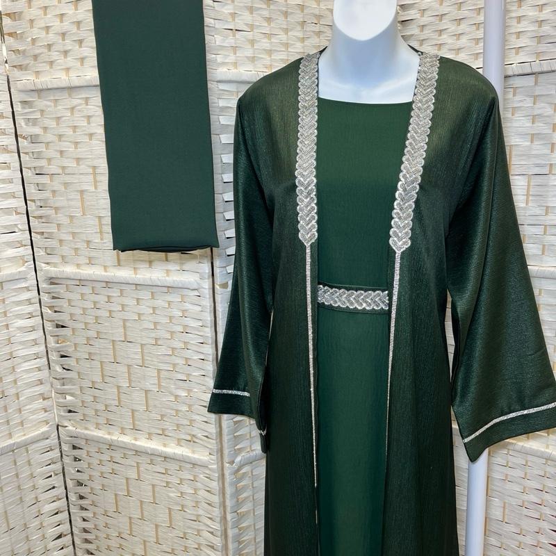 Elegance Layered Two-Piece Abaya Inner + Open Overlayer with Silver Embellishments & Matching Scarf for Special Occasions