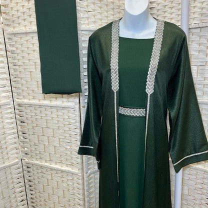 Elegance Layered Two-Piece Abaya Inner + Open Overlayer with Silver Embellishments & Matching Scarf for Special Occasions