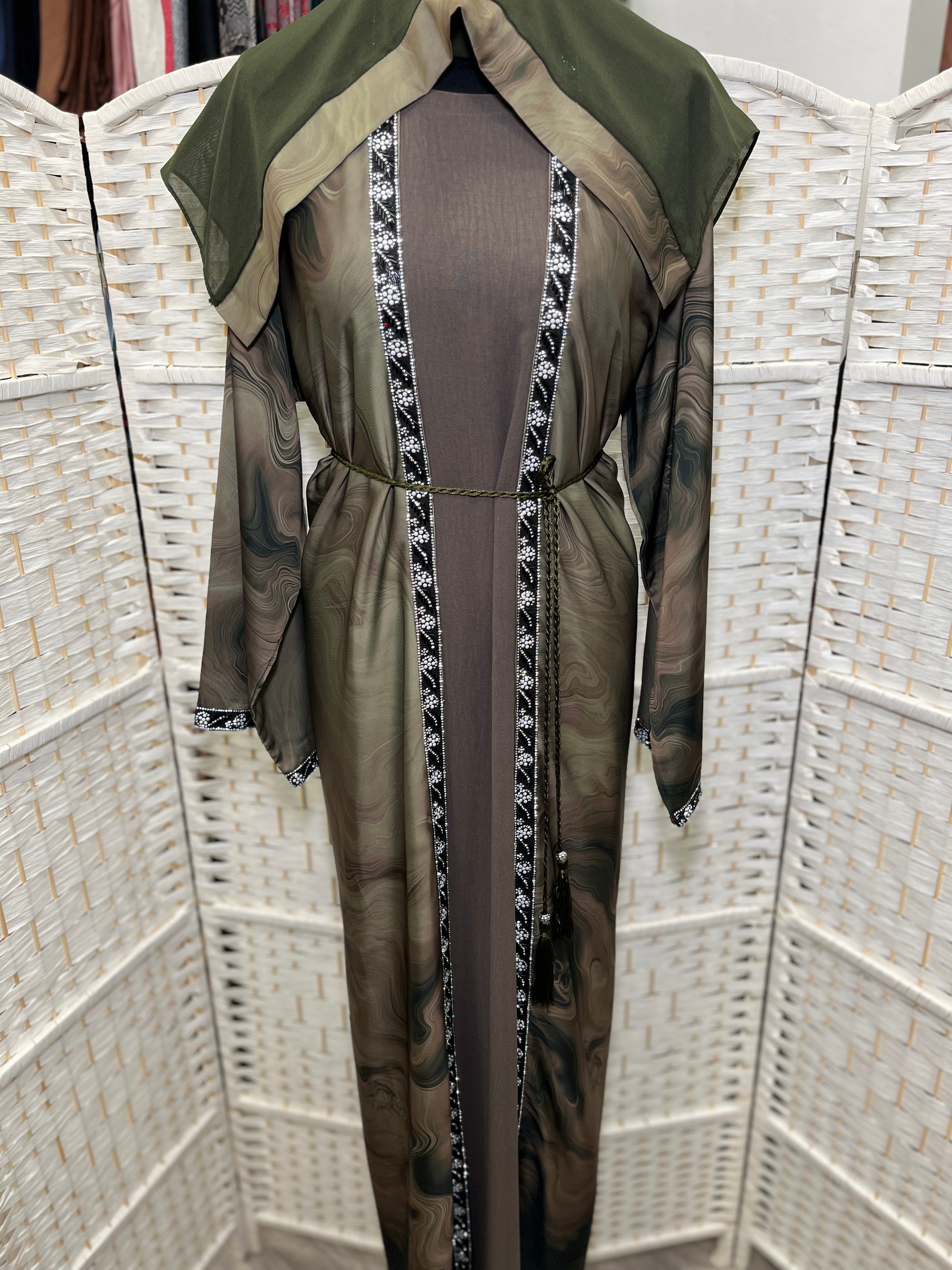 Olive Aura Two-Piece Layered Abaya Set - Luxury Inner Slip Dress & Sheer Marbled Overslip with Embroidered Trims & Belt