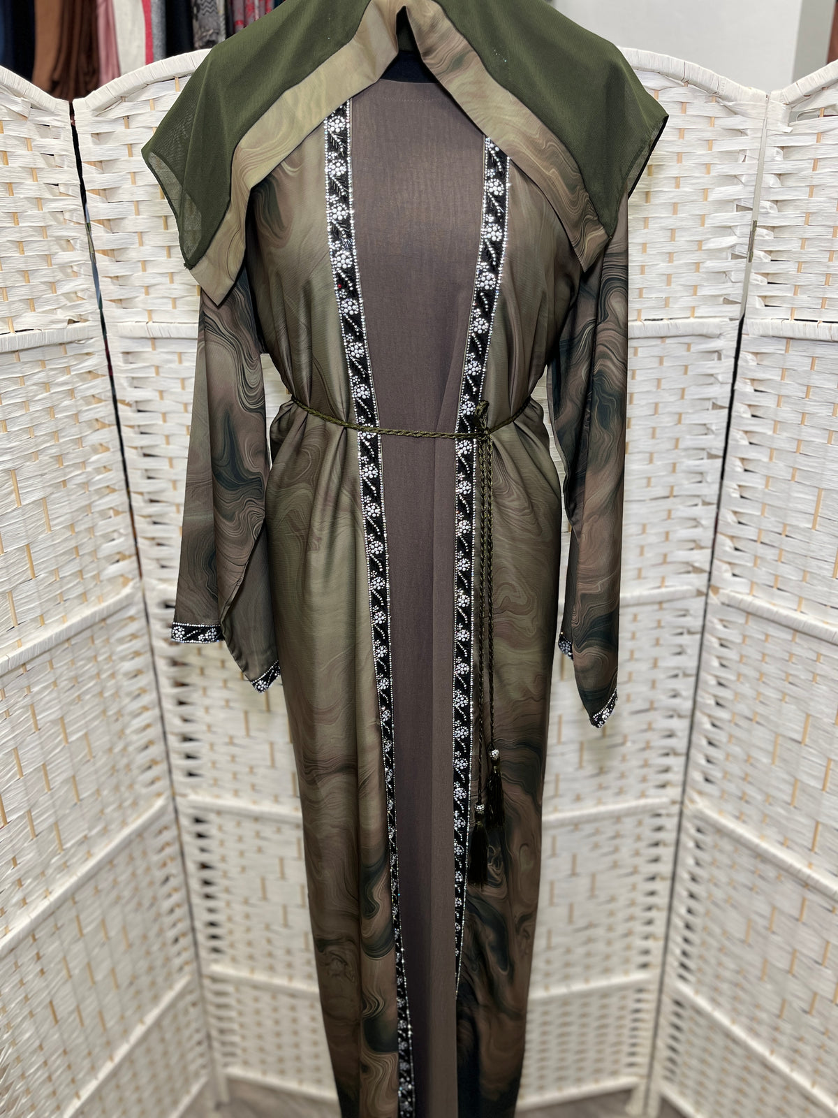 Olive Aura Two-Piece Layered Abaya Set - Luxury Inner Slip Dress & Sheer Marbled Overslip with Embroidered Trims & Belt