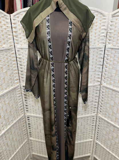 Olive Aura Two-Piece Layered Abaya Set - Luxury Inner Slip Dress & Sheer Marbled Overslip with Embroidered Trims & Belt
