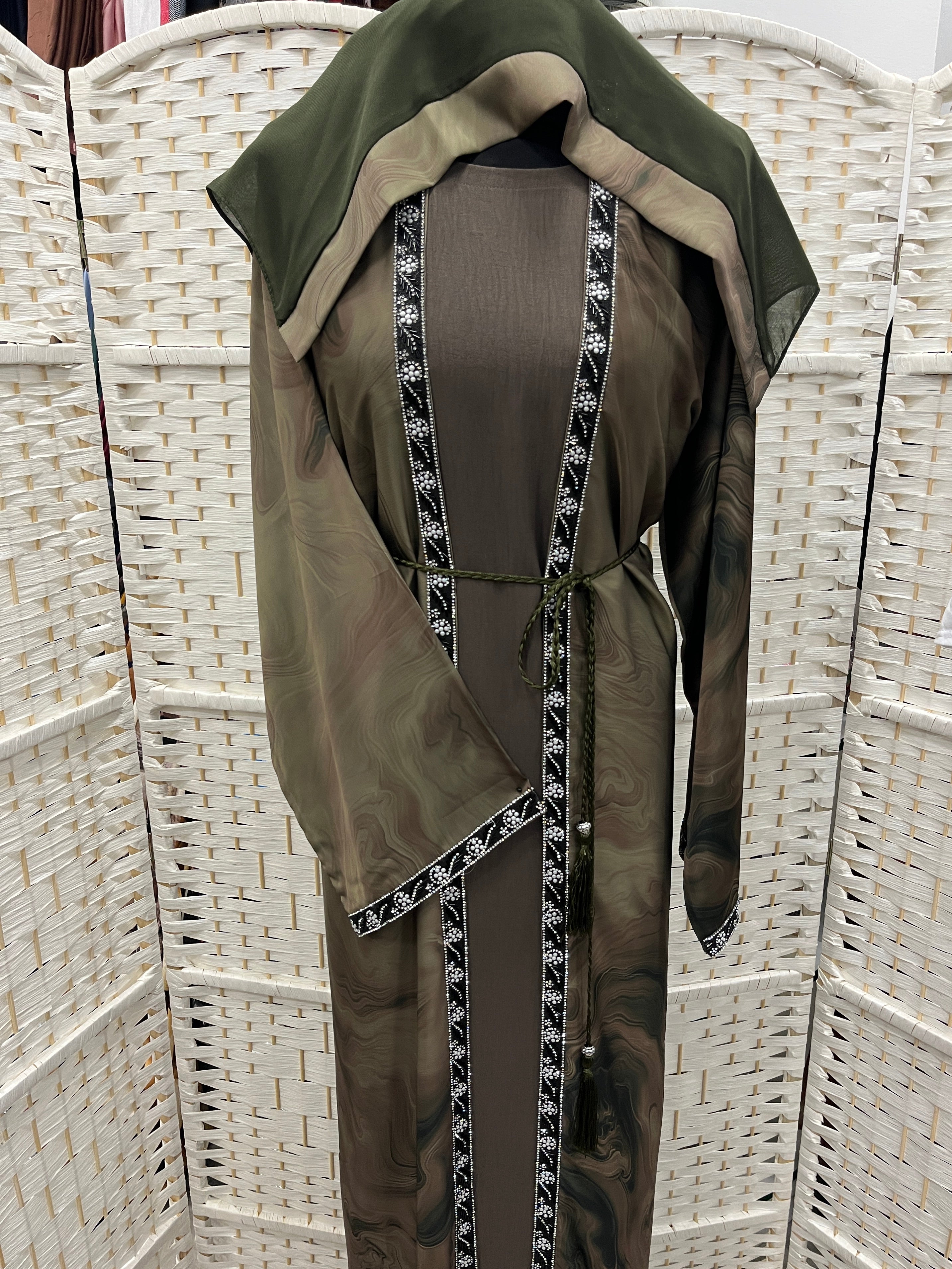 Olive Aura Two-Piece Layered Abaya Set - Luxury Inner Slip Dress & Sheer Marbled Overslip with Embroidered Trims & Belt