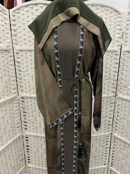 Olive Aura Two-Piece Layered Abaya Set - Luxury Inner Slip Dress & Sheer Marbled Overslip with Embroidered Trims & Belt