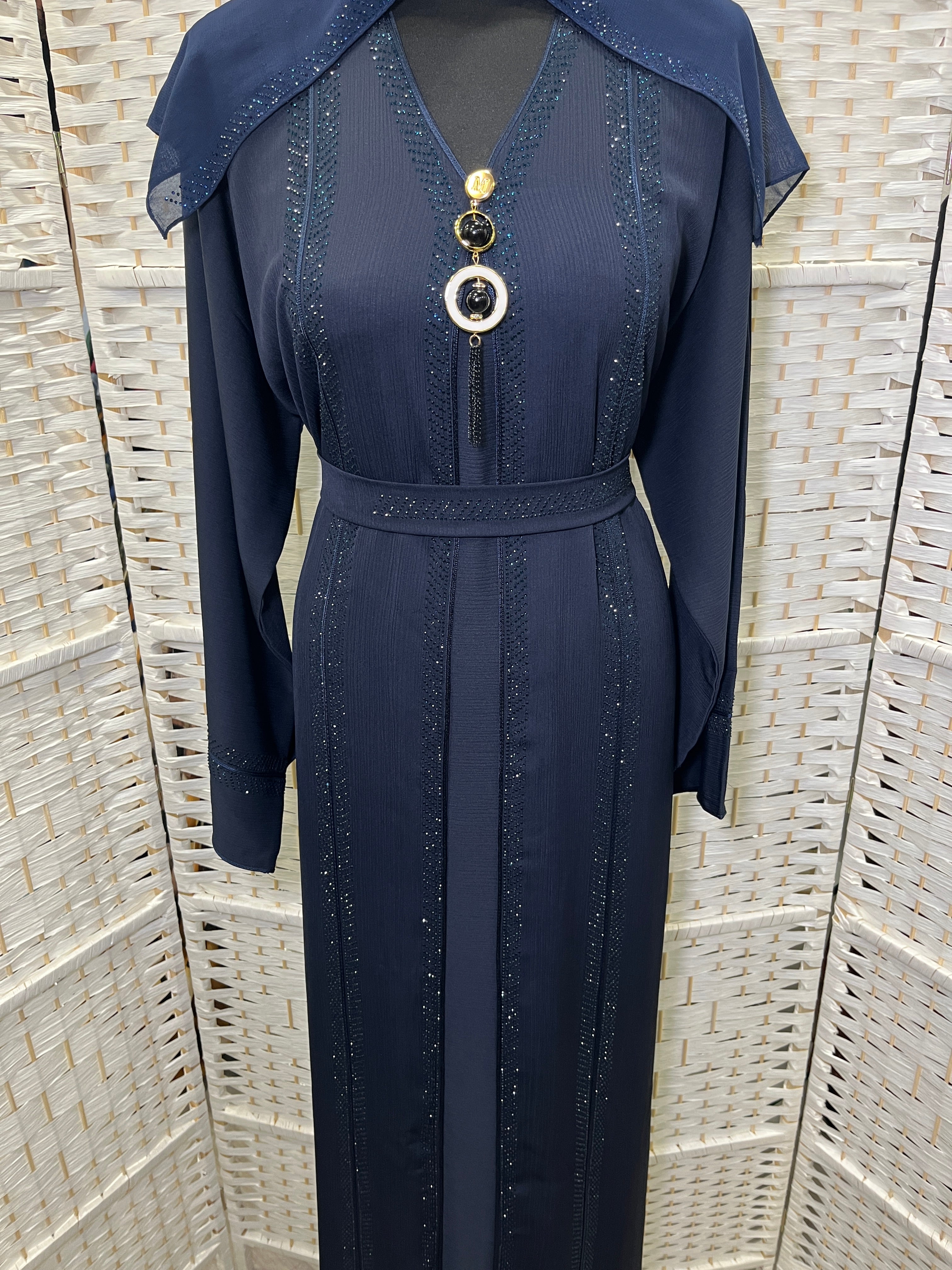 Luxury Midnight Navy Crystal Embellished Belted Abaya | Elegant Modest Dress