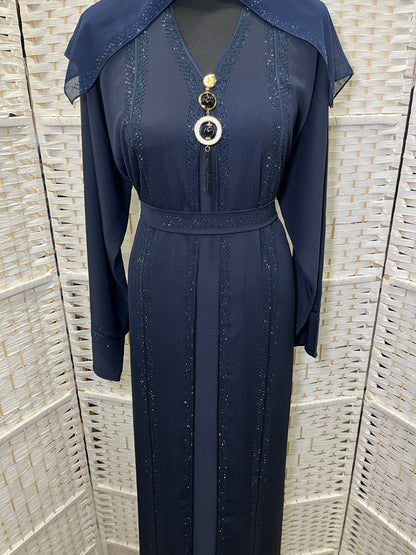 Luxury Midnight Navy Crystal Embellished Belted Abaya | Elegant Modest Dress
