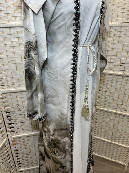 White Watercolour Open Abaya Set with Inner Slip – Two Piece Abaya Belt and Scarf Included