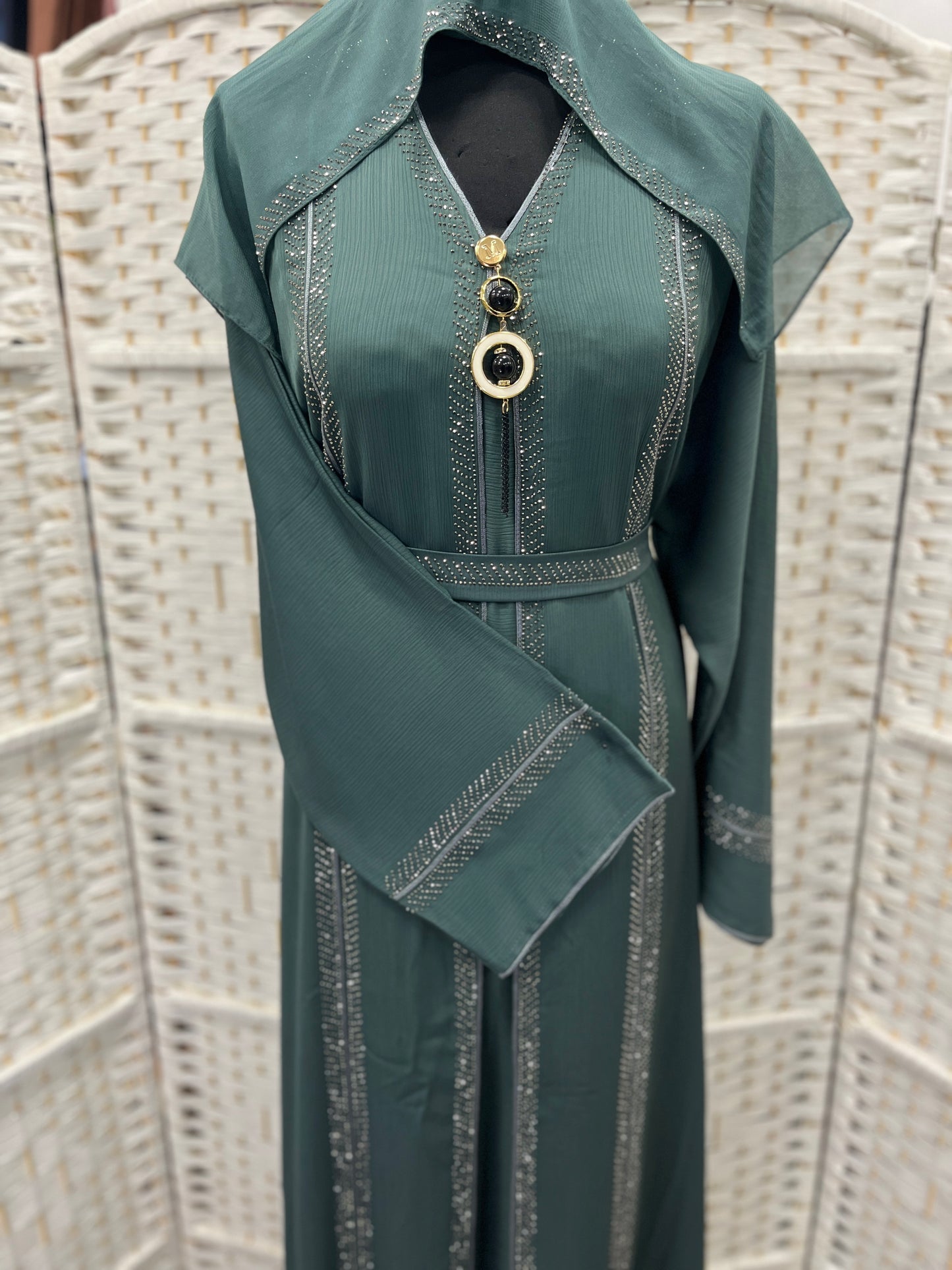 Luxury Deep Sage Green Crystal Embellished Belted Abaya | Elegant Modest Dress