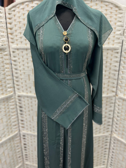 Luxury Deep Sage Green Crystal Embellished Belted Abaya | Elegant Modest Dress