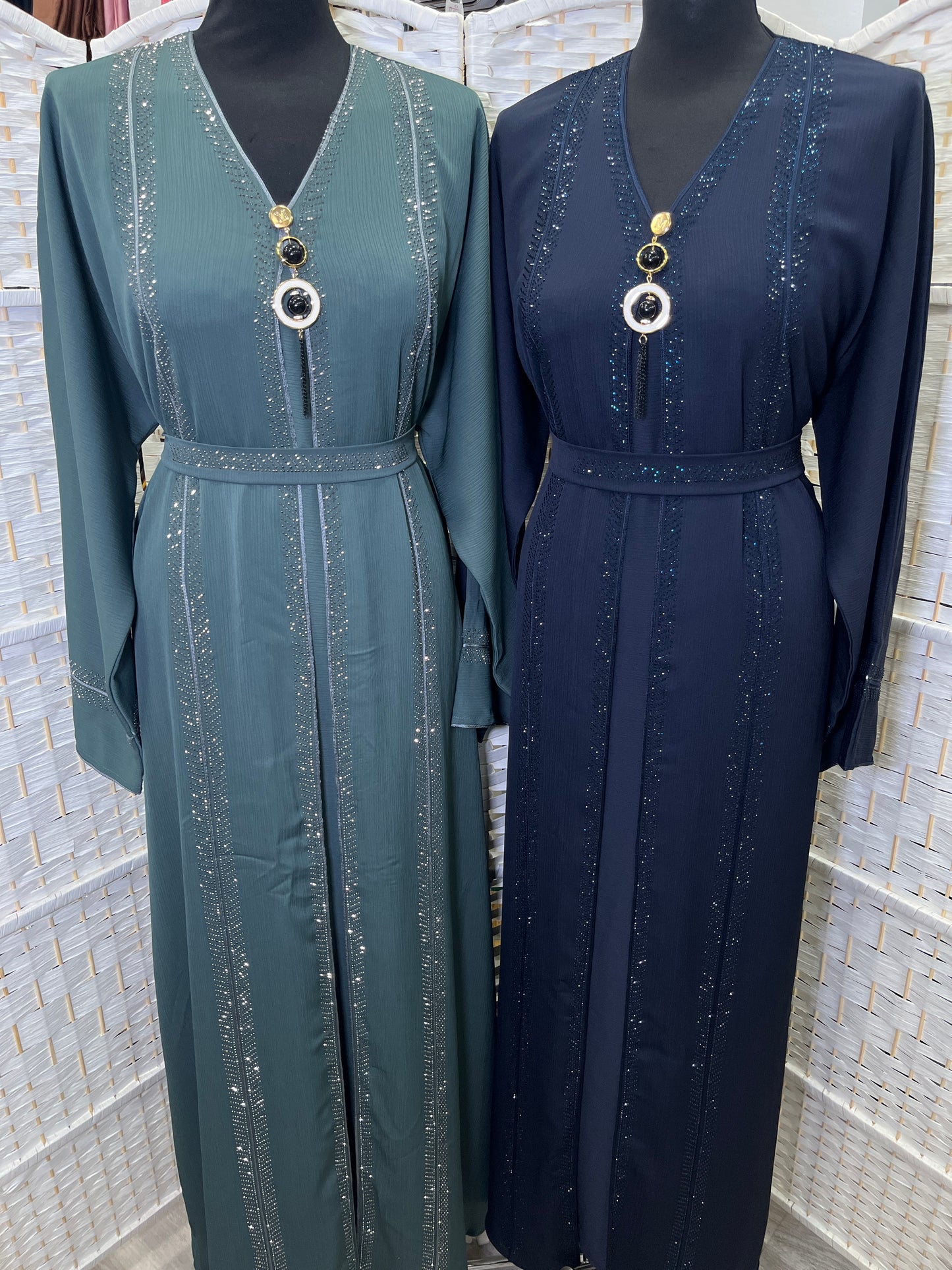 Luxury Midnight Navy Crystal Embellished Belted Abaya | Elegant Modest Dress