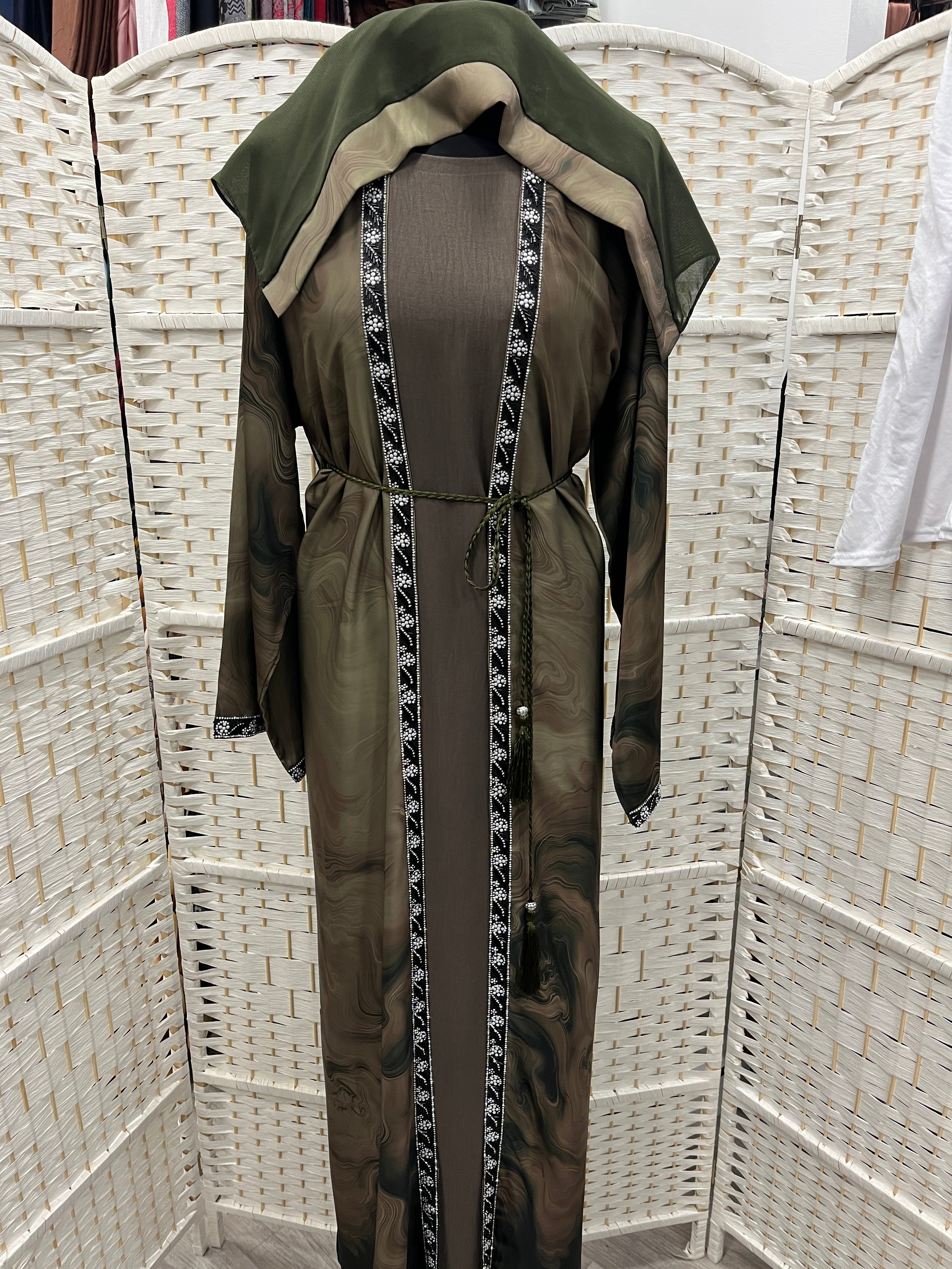 Olive Aura Two-Piece Layered Abaya Set - Luxury Inner Slip Dress & Sheer Marbled Overslip with Embroidered Trims & Belt