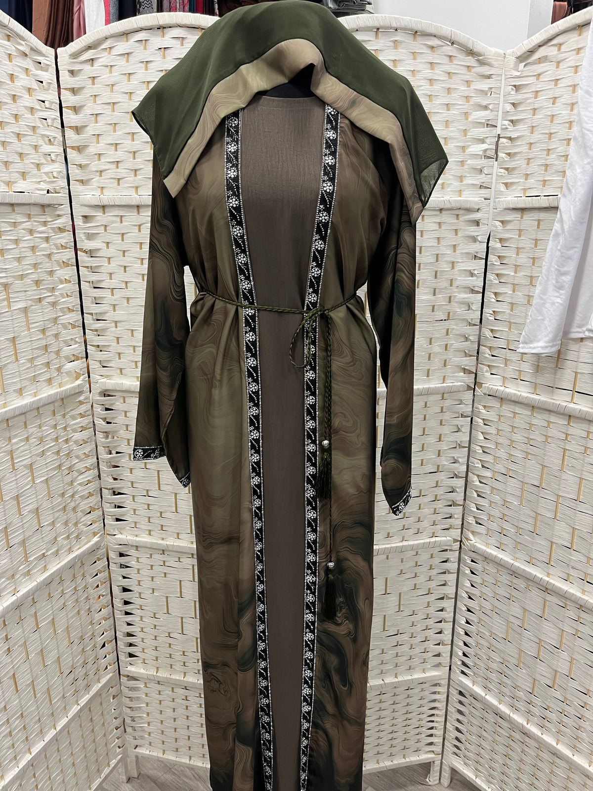 Olive Aura Two-Piece Layered Abaya Set - Luxury Inner Slip Dress & Sheer Marbled Overslip with Embroidered Trims & Belt