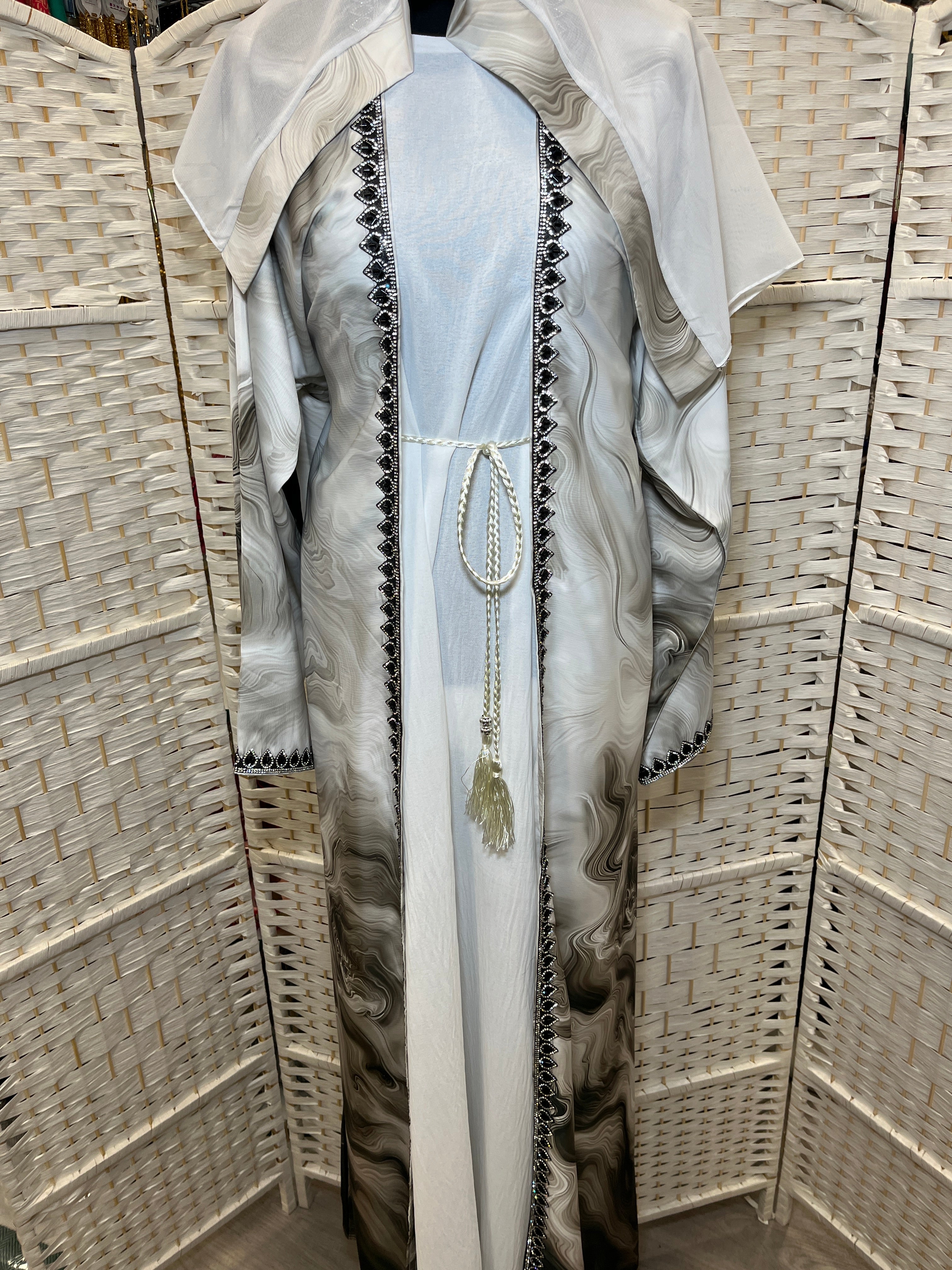 White Watercolour Open Abaya Set with Inner Slip – Two Piece Abaya Belt and Scarf Included