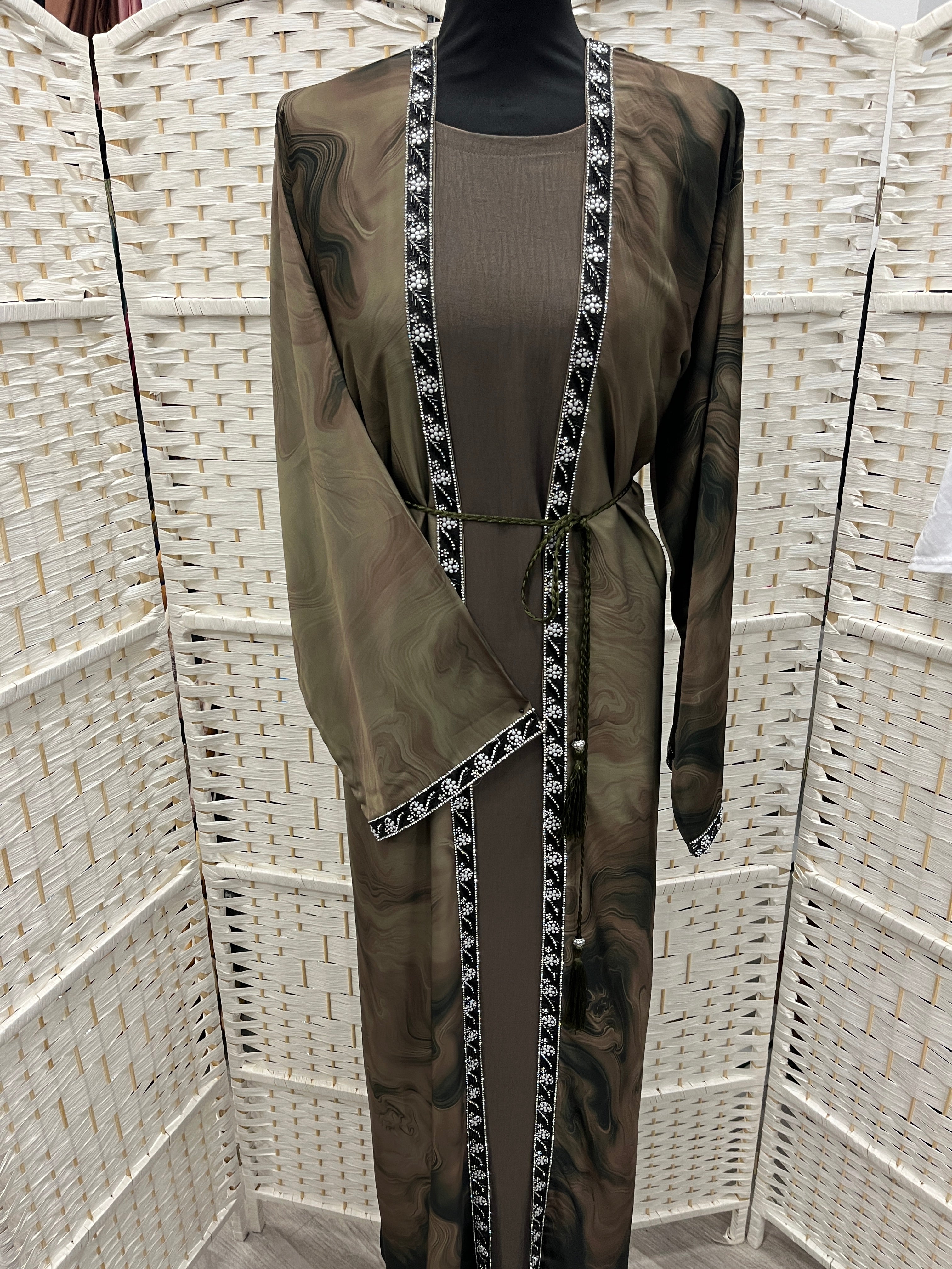 Olive Aura Two-Piece Layered Abaya Set - Luxury Inner Slip Dress & Sheer Marbled Overslip with Embroidered Trims & Belt