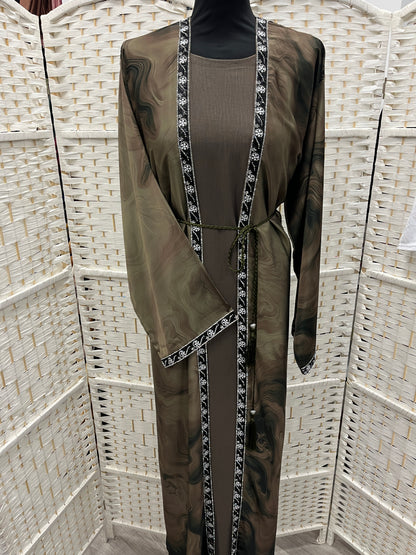 Olive Aura Two-Piece Layered Abaya Set - Luxury Inner Slip Dress & Sheer Marbled Overslip with Embroidered Trims & Belt