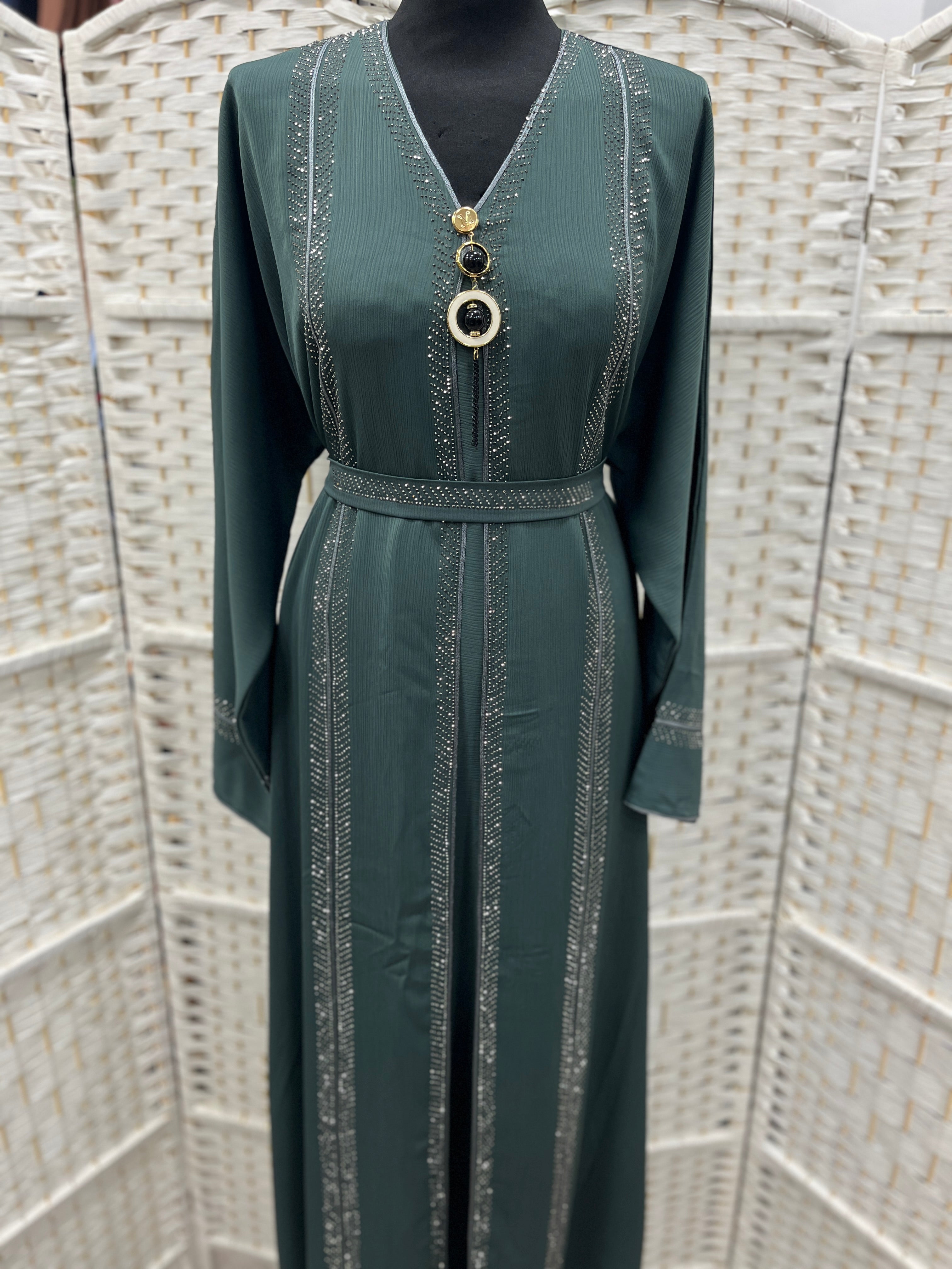 Luxury Deep Sage Green Crystal Embellished Belted Abaya | Elegant Modest Dress