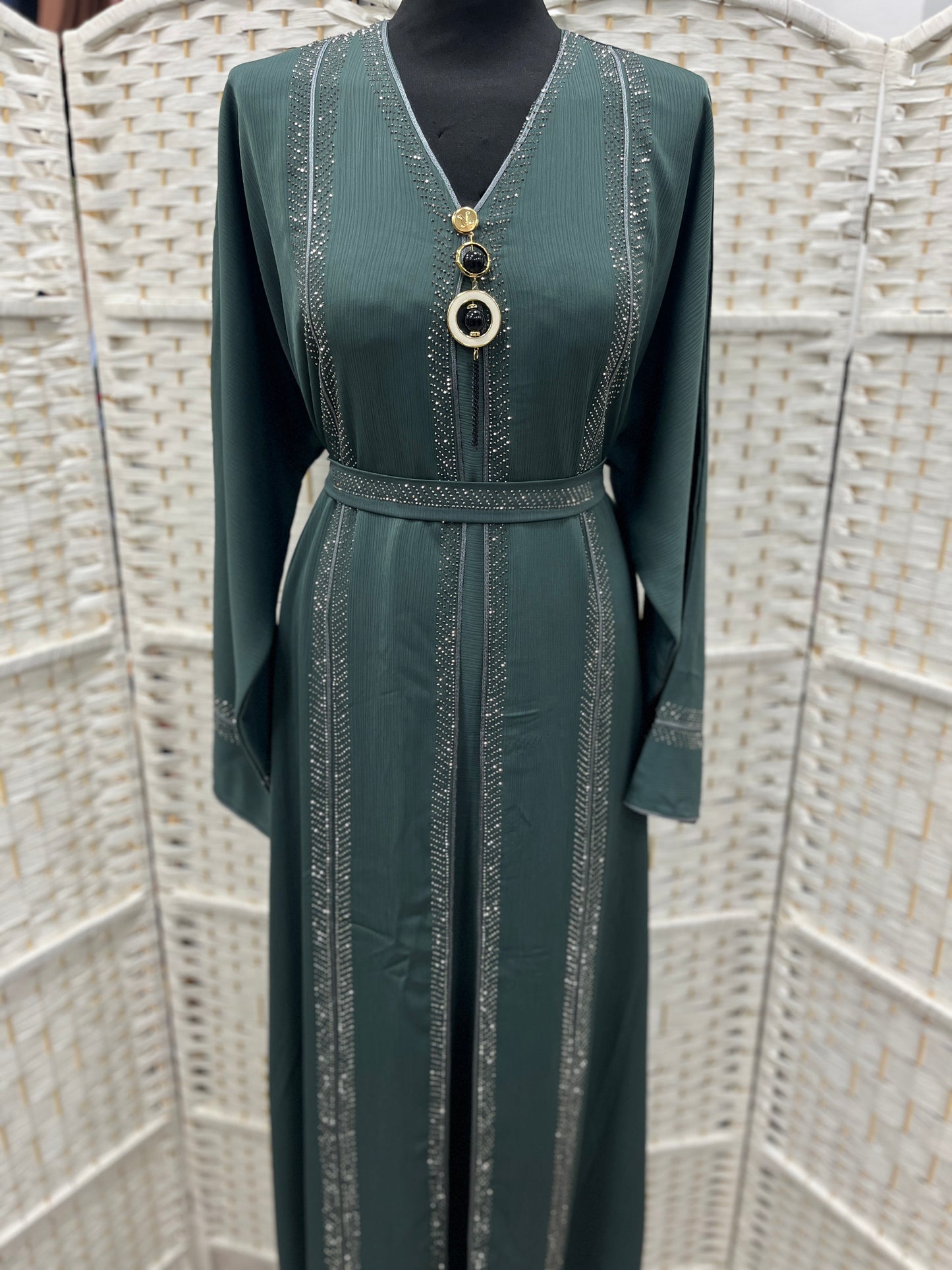 Luxury Deep Sage Green Crystal Embellished Belted Abaya | Elegant Modest Dress