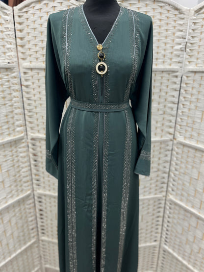 Luxury Deep Sage Green Crystal Embellished Belted Abaya | Elegant Modest Dress