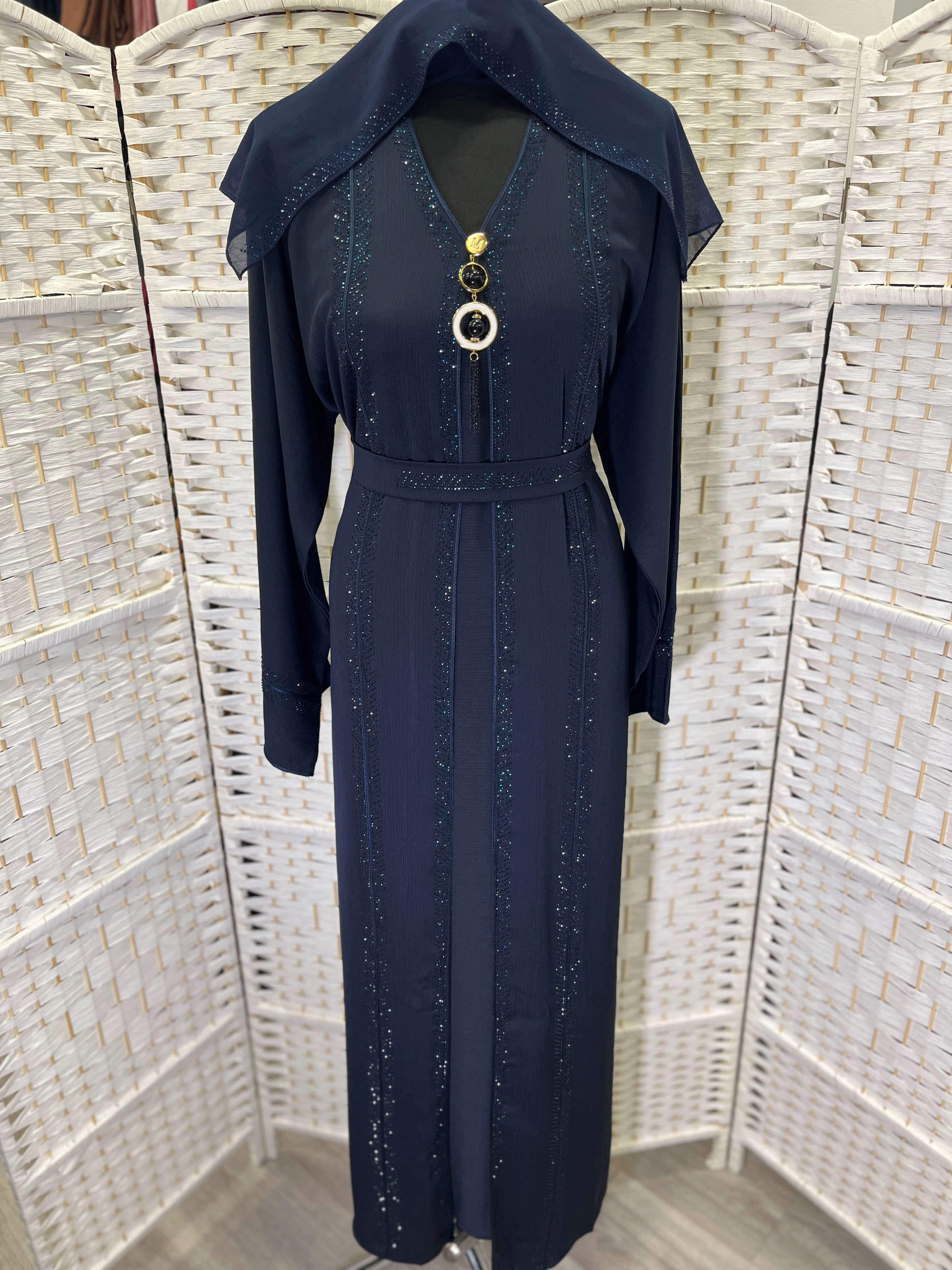 Luxury Midnight Navy Crystal Embellished Belted Abaya | Elegant Modest Dress