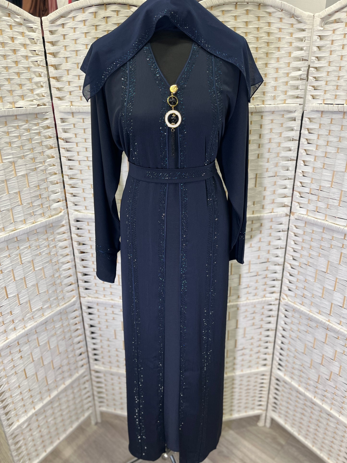 Luxury Midnight Navy Crystal Embellished Belted Abaya | Elegant Modest Dress