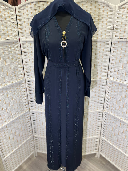 Luxury Midnight Navy Crystal Embellished Belted Abaya | Elegant Modest Dress