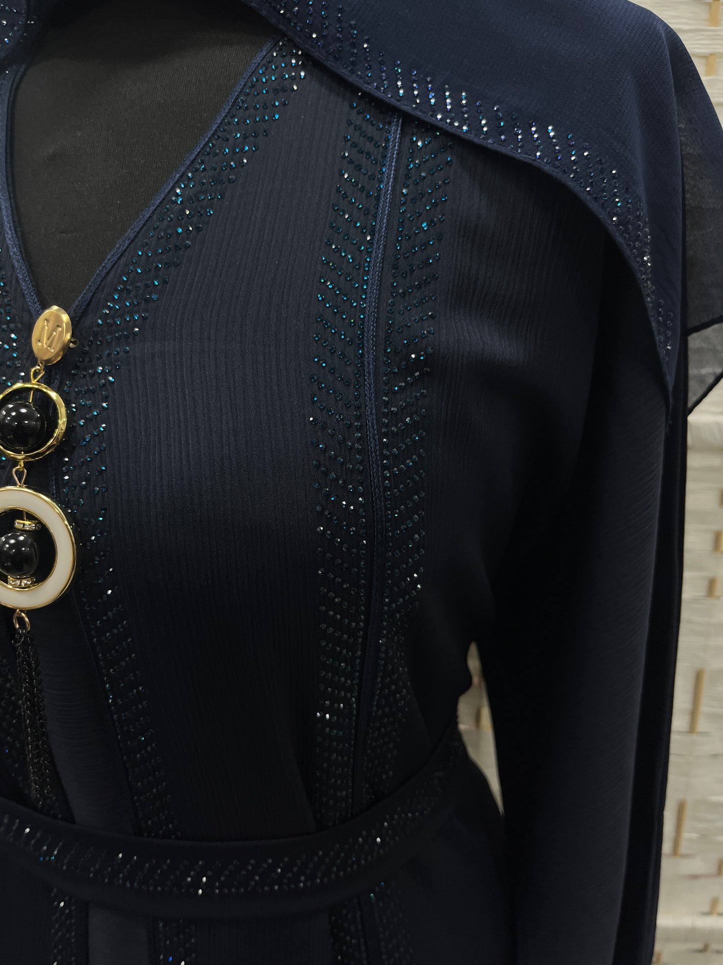 Luxury Midnight Navy Crystal Embellished Belted Abaya | Elegant Modest Dress