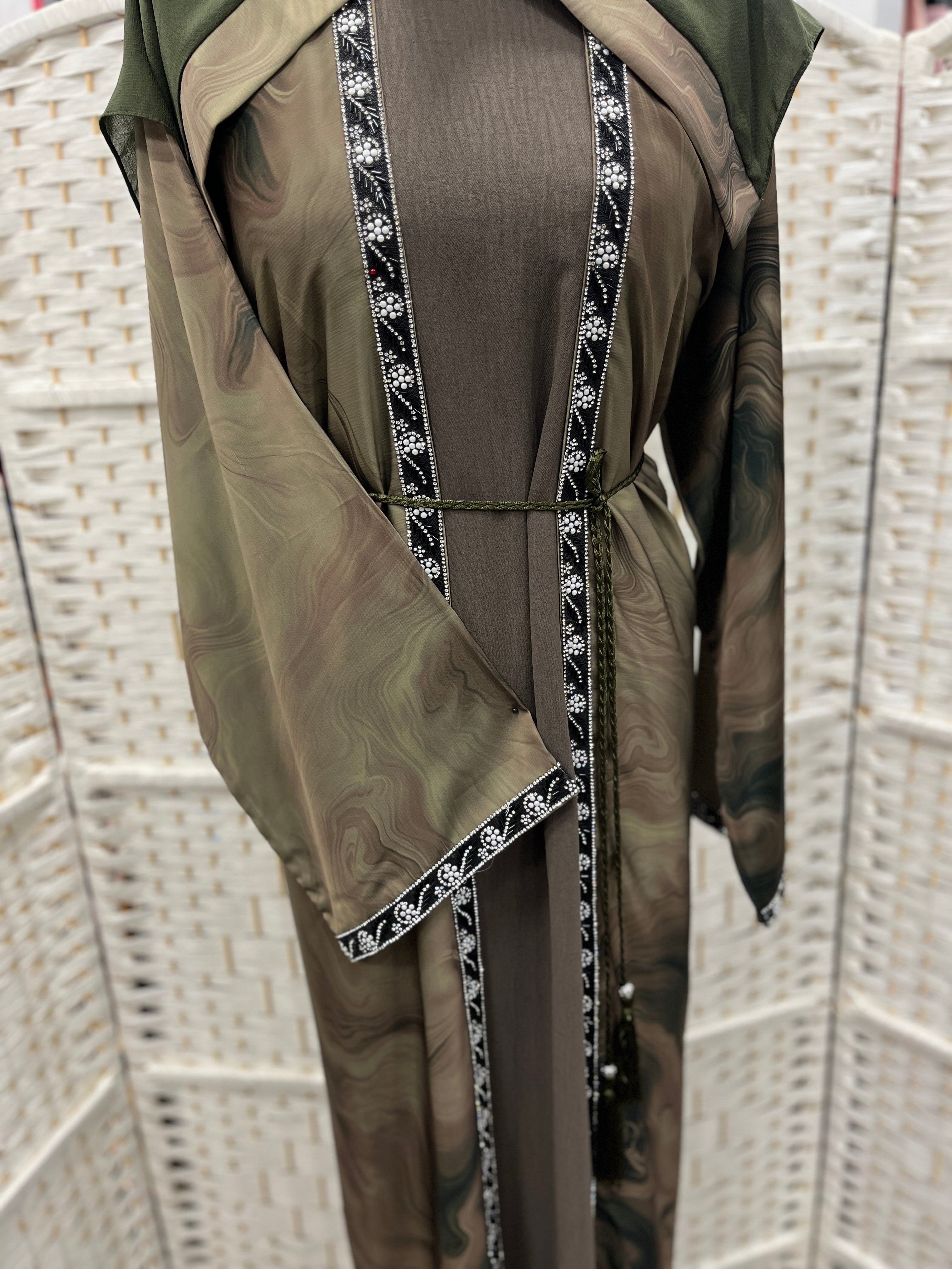 Olive Aura Two-Piece Layered Abaya Set - Luxury Inner Slip Dress & Sheer Marbled Overslip with Embroidered Trims & Belt