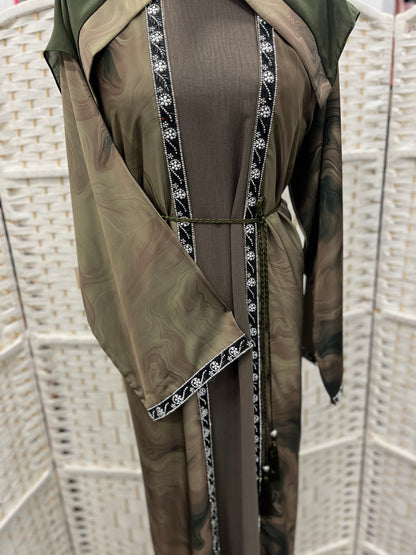 Olive Aura Two-Piece Layered Abaya Set - Luxury Inner Slip Dress & Sheer Marbled Overslip with Embroidered Trims & Belt