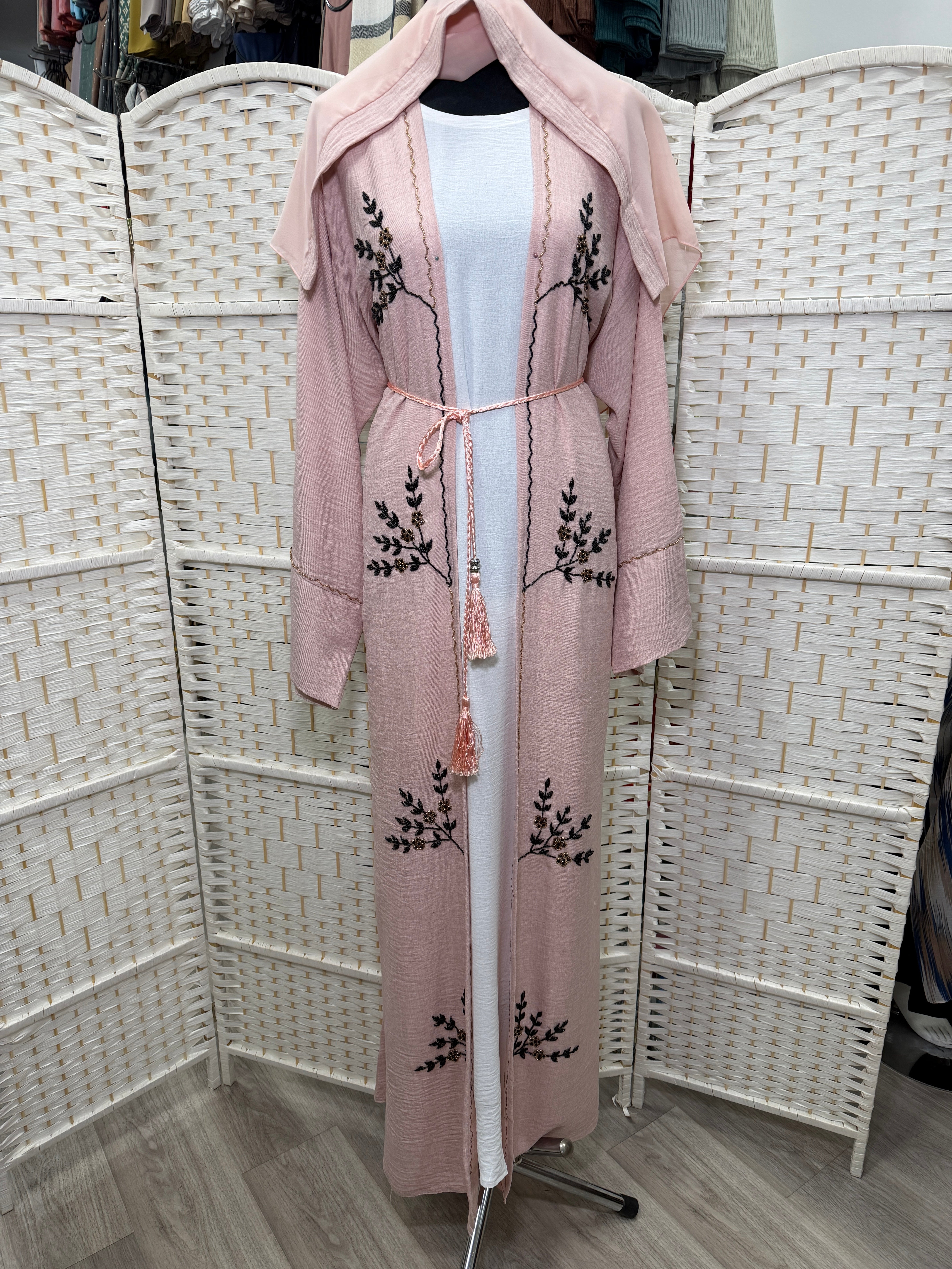 Luxury Beaded 2-Piece Linen Abaya Set | Soft Linen Overlayer + CY Inner Dress | Includes Belt & Matching Scarf