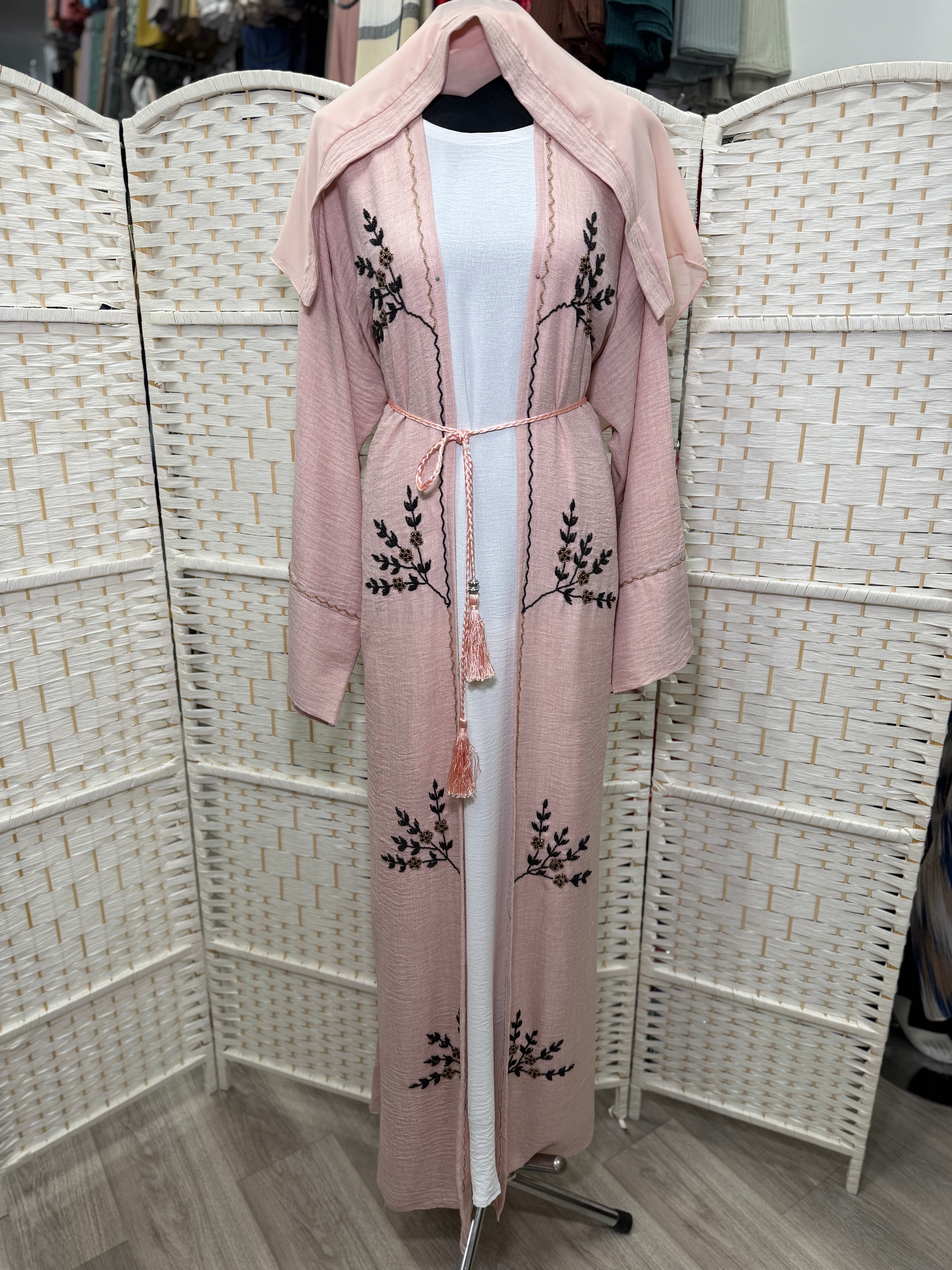 Luxury Beaded 2-Piece Linen Abaya Set | Soft Linen Overlayer + CY Inner Dress | Includes Belt & Matching Scarf