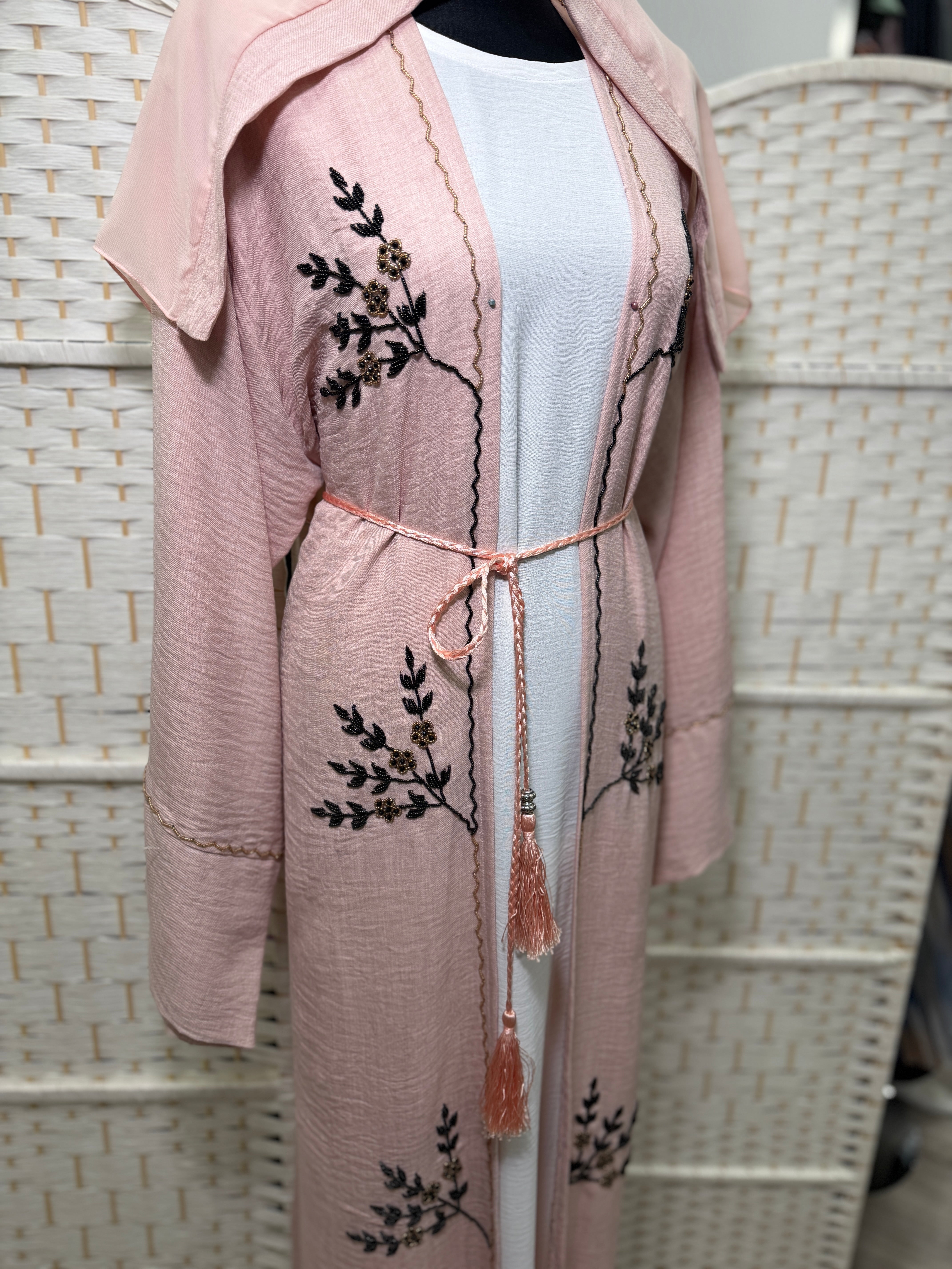 Luxury Beaded 2-Piece Linen Abaya Set | Soft Linen Overlayer + CY Inner Dress | Includes Belt & Matching Scarf