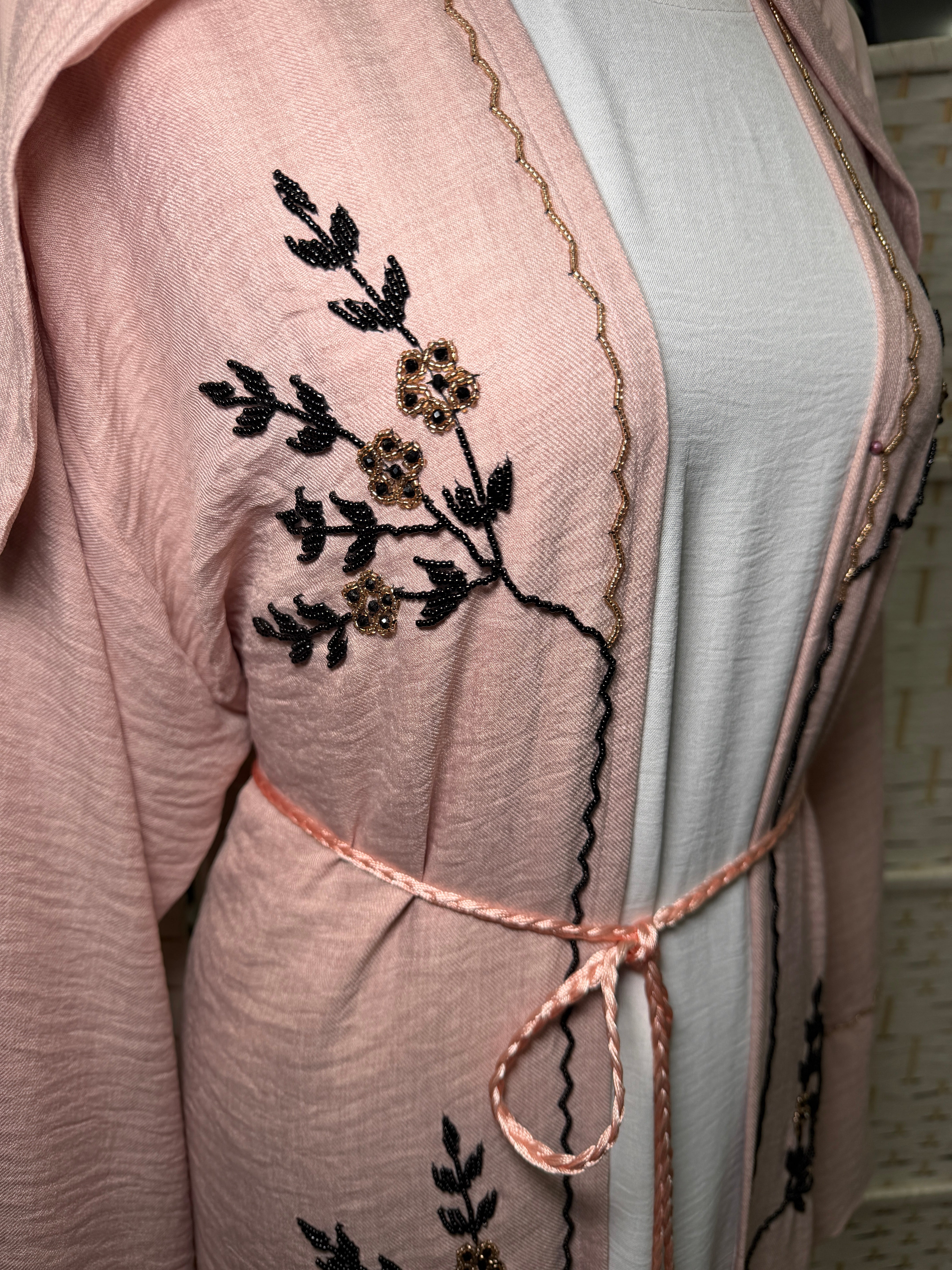 Luxury Beaded 2-Piece Linen Abaya Set | Soft Linen Overlayer + CY Inner Dress | Includes Belt & Matching Scarf