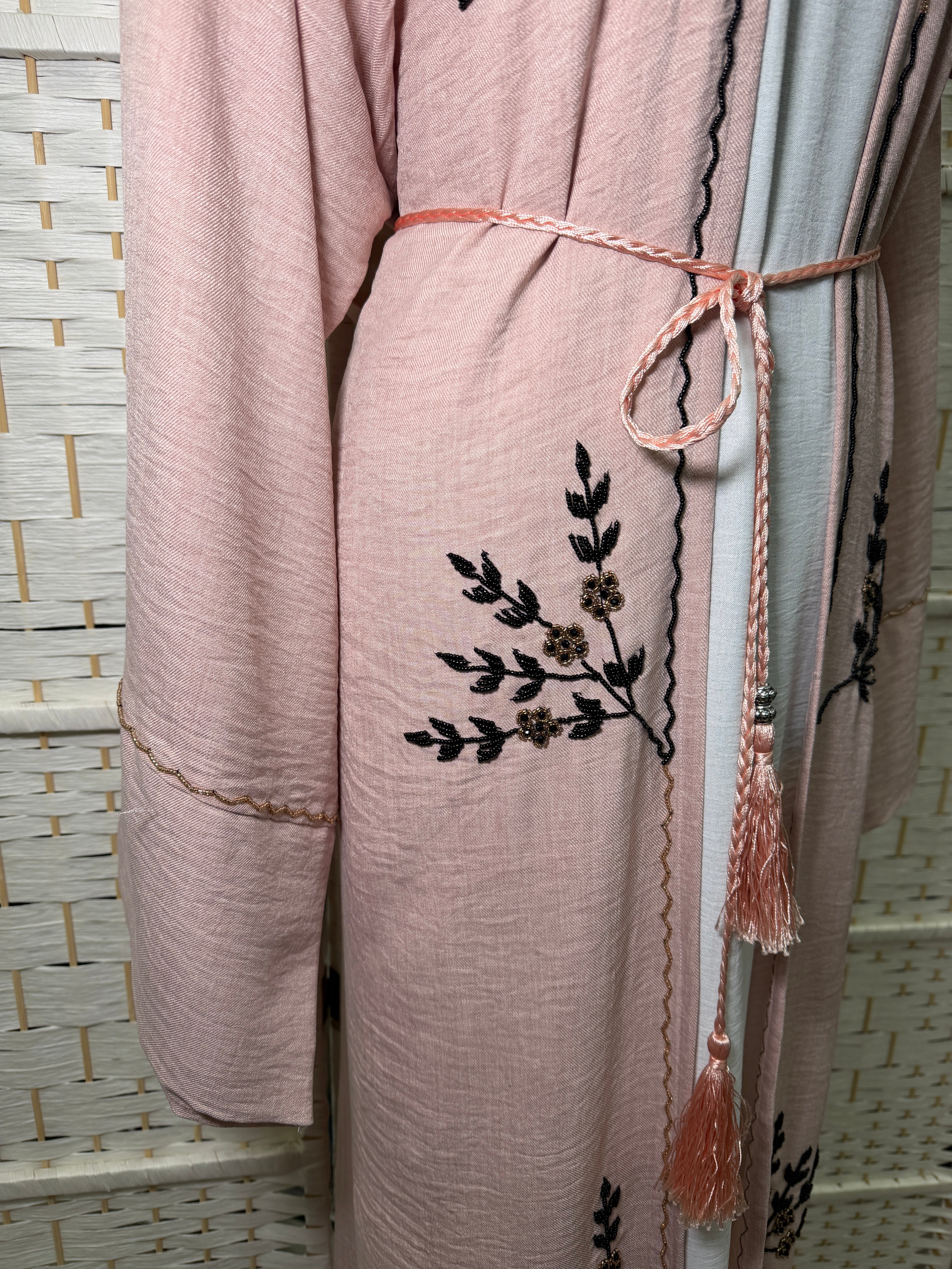 Luxury Beaded 2-Piece Linen Abaya Set | Soft Linen Overlayer + CY Inner Dress | Includes Belt & Matching Scarf