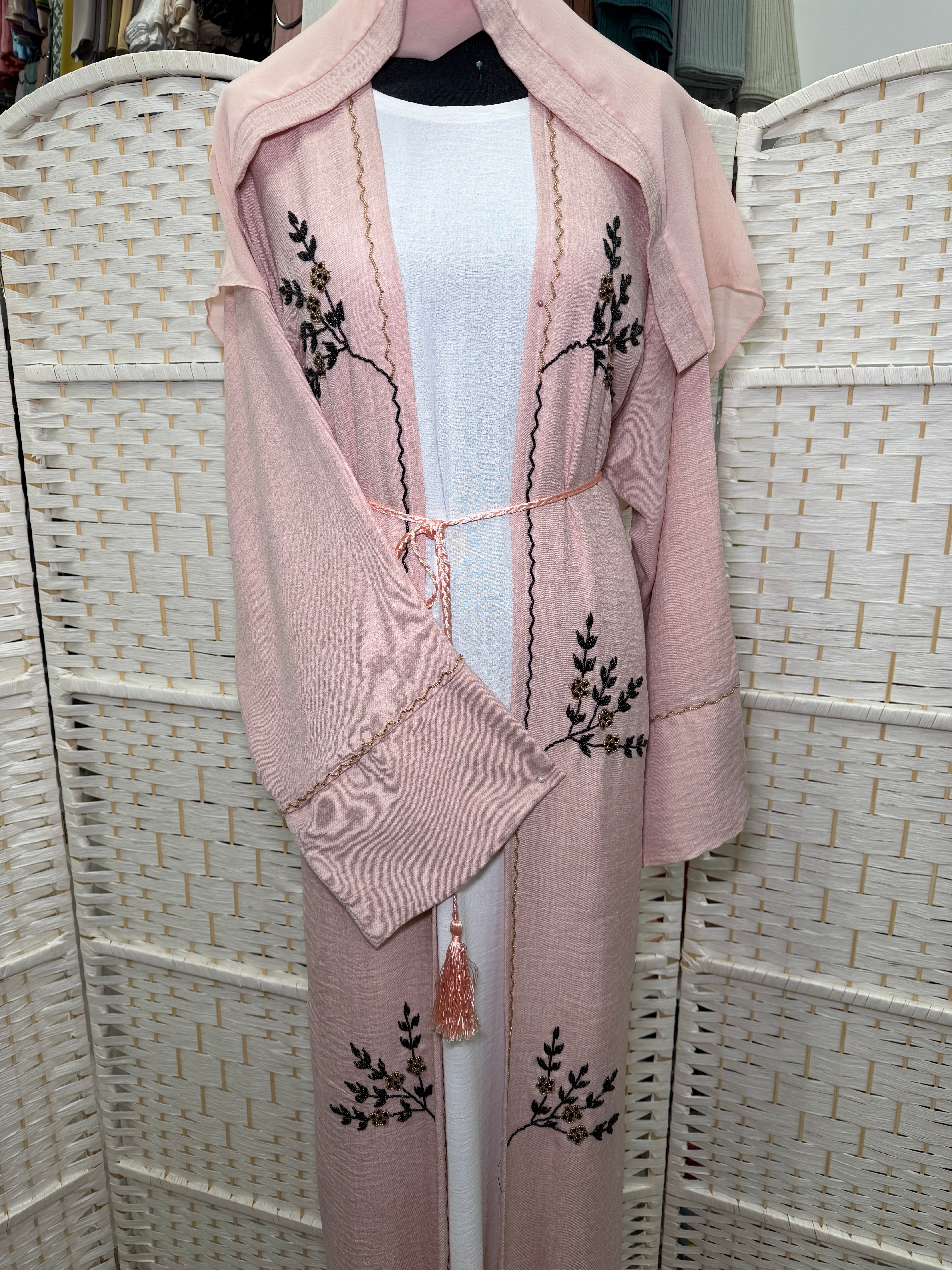 Luxury Beaded 2-Piece Linen Abaya Set | Soft Linen Overlayer + CY Inner Dress | Includes Belt & Matching Scarf