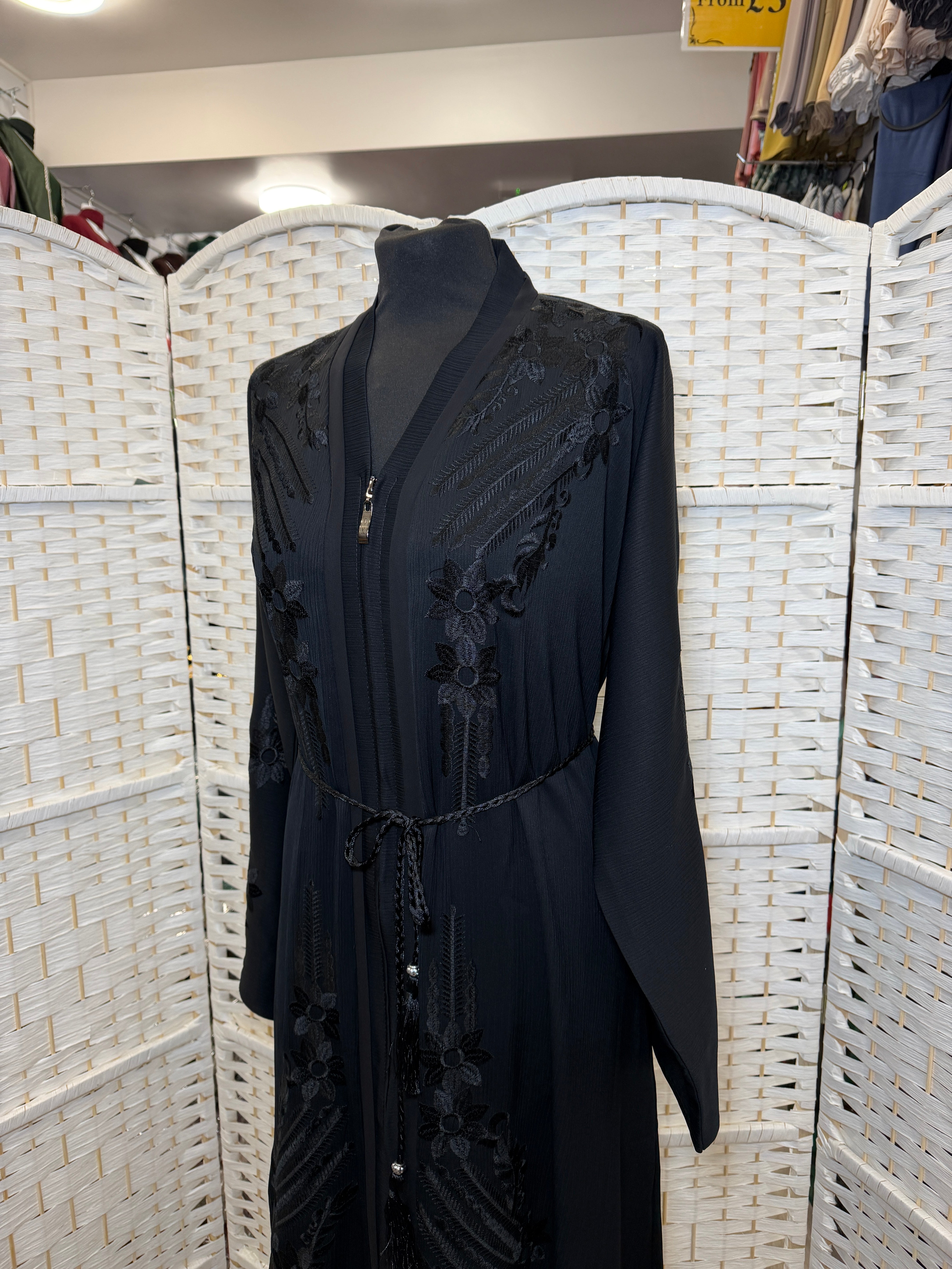 Elegant Black Embroidered Zip-Front Abaya | Classic Modest Abaya with Matching Scarf And Belt