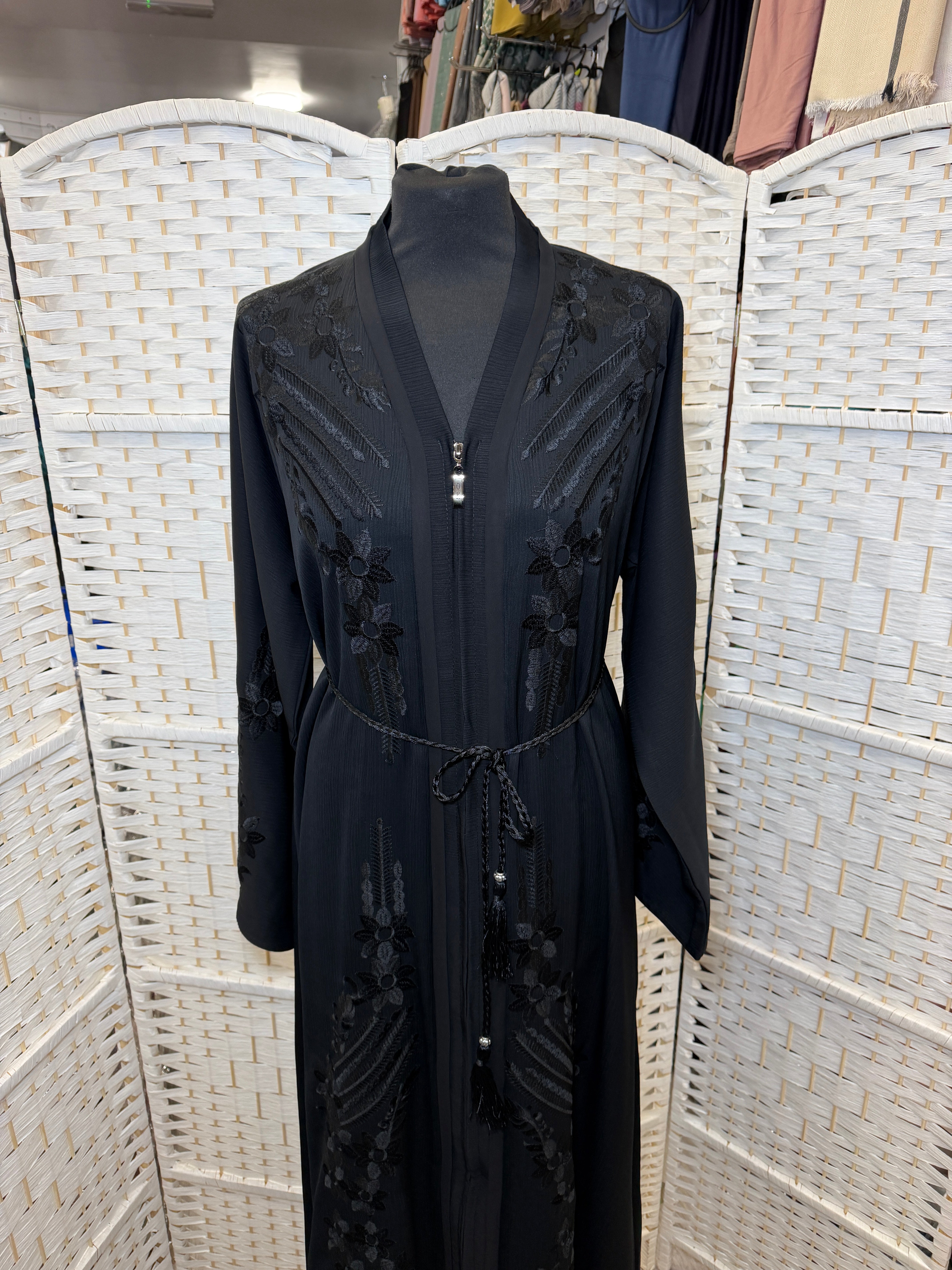 Elegant Black Embroidered Zip-Front Abaya | Classic Modest Abaya with Matching Scarf And Belt