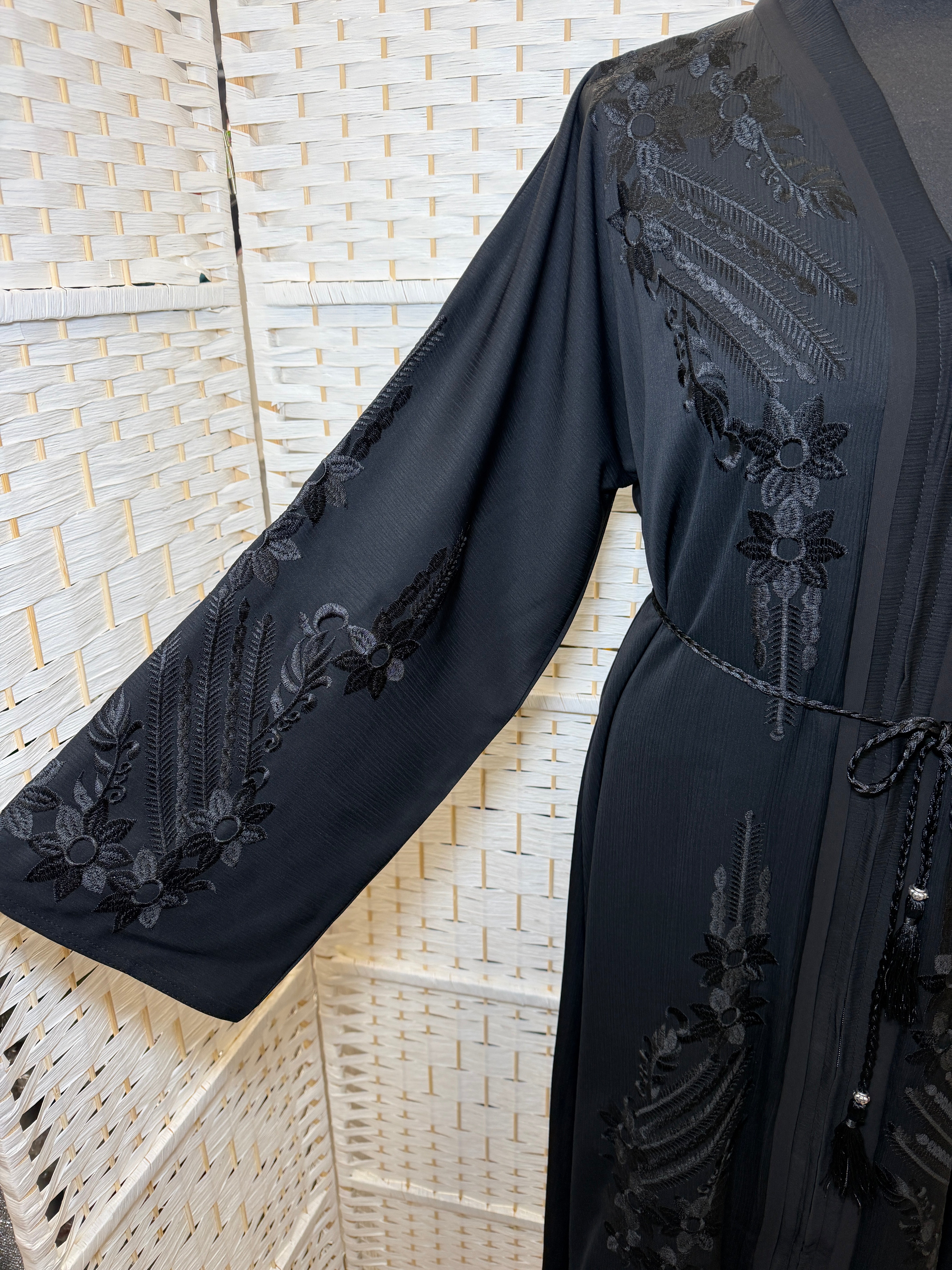 Elegant Black Embroidered Zip-Front Abaya | Classic Modest Abaya with Matching Scarf And Belt