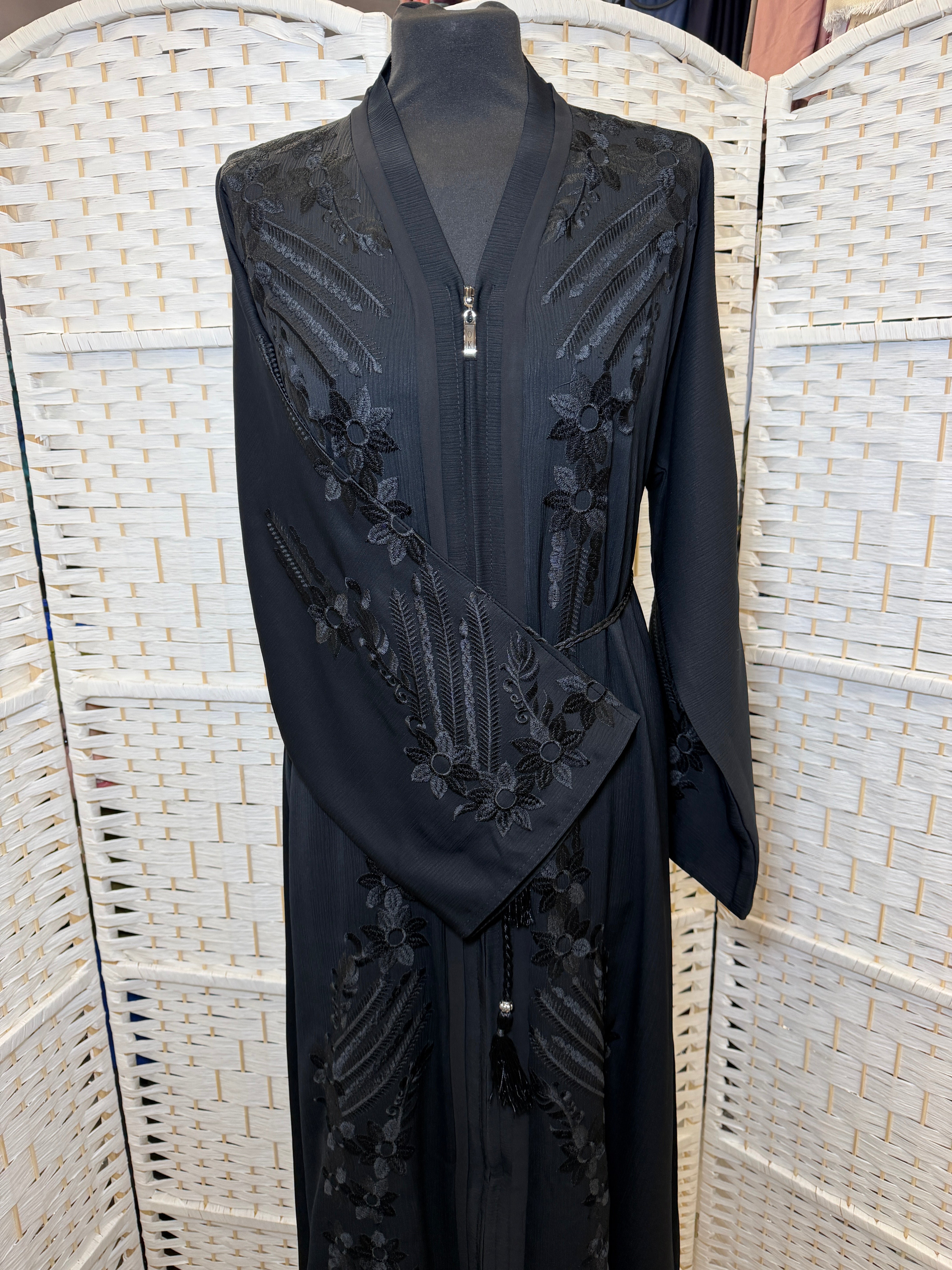 Elegant Black Embroidered Zip-Front Abaya | Classic Modest Abaya with Matching Scarf And Belt