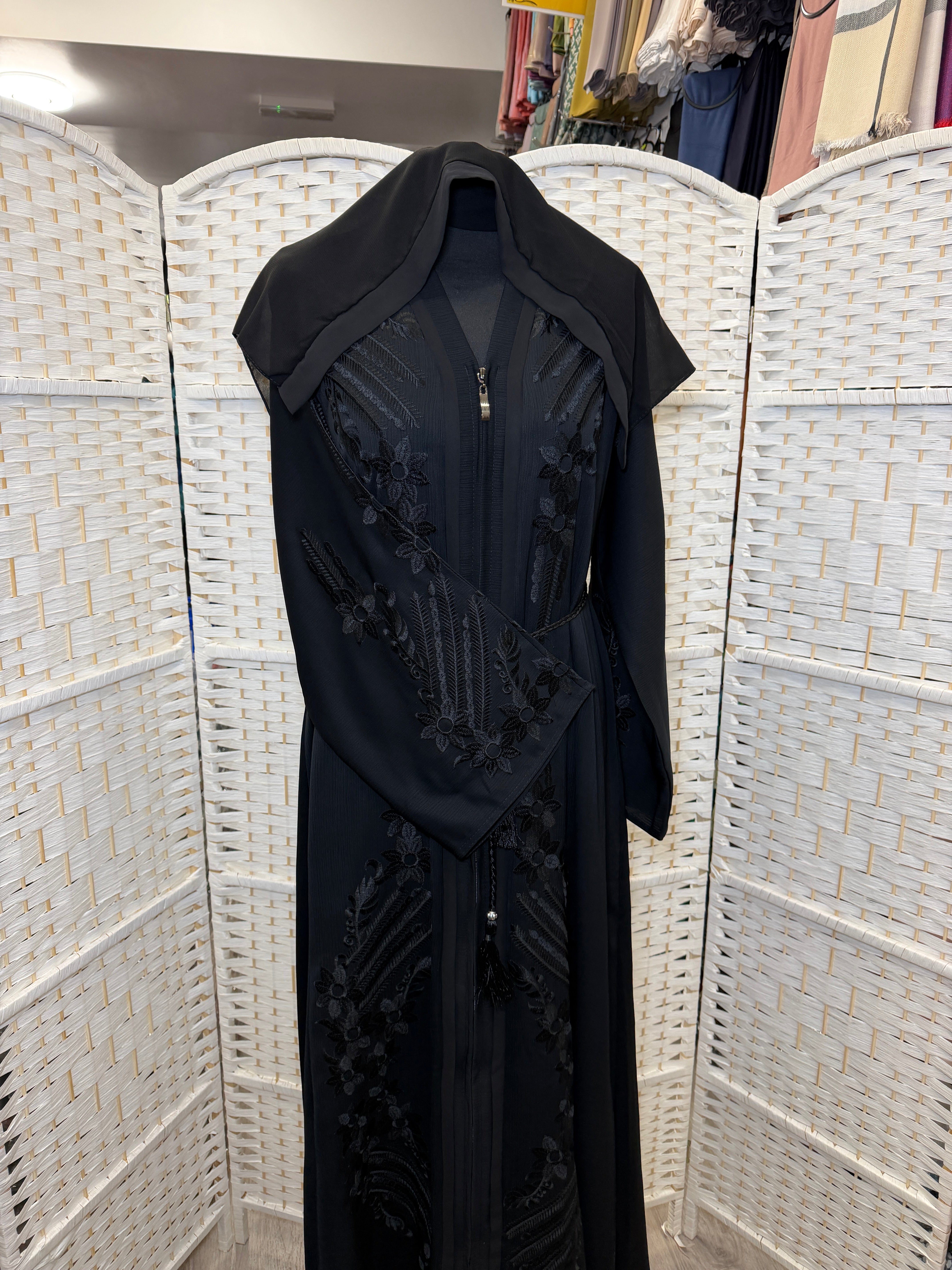 Elegant Black Embroidered Zip-Front Abaya | Classic Modest Abaya with Matching Scarf And Belt