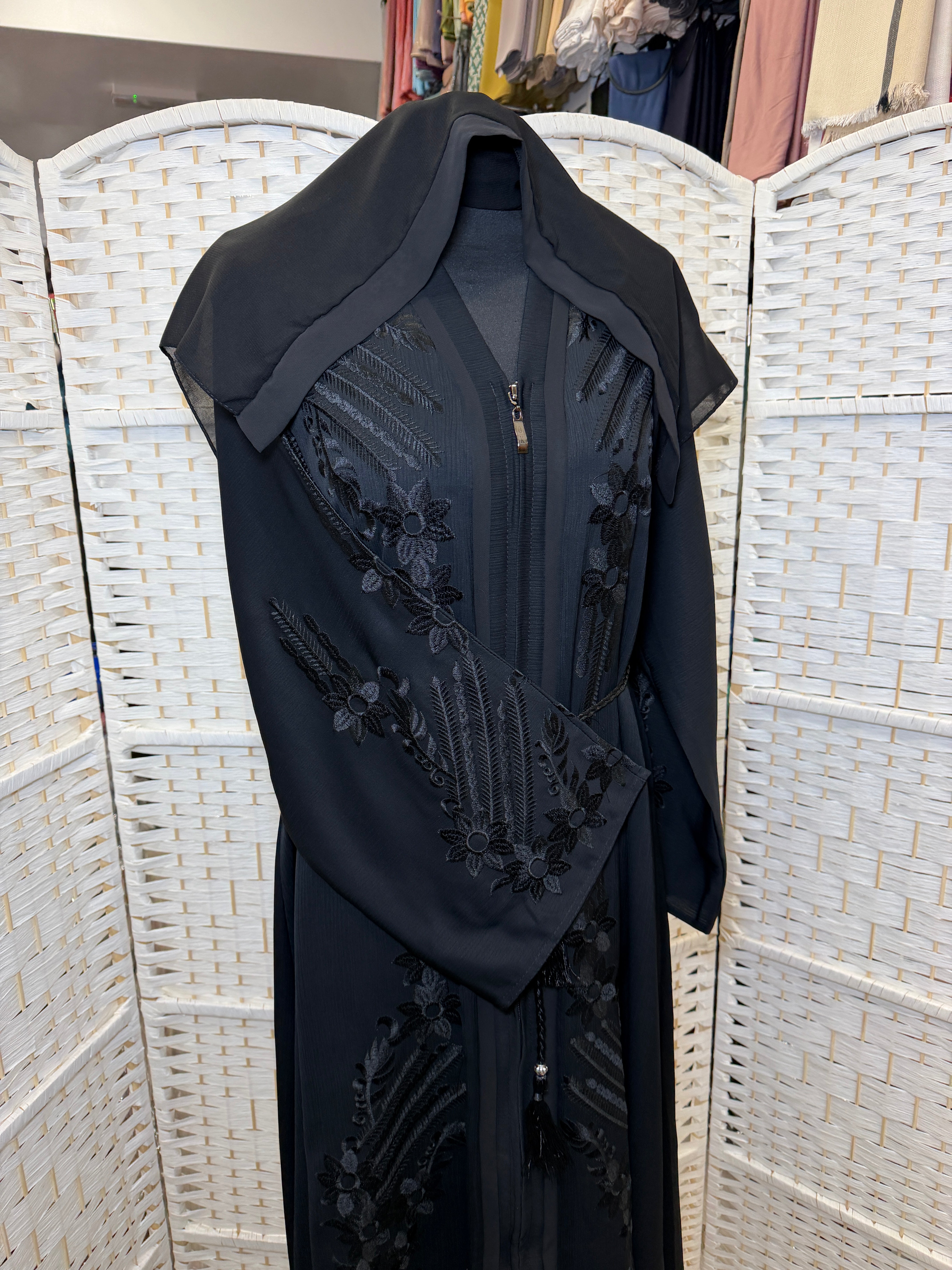 Elegant Black Embroidered Zip-Front Abaya | Classic Modest Abaya with Matching Scarf And Belt
