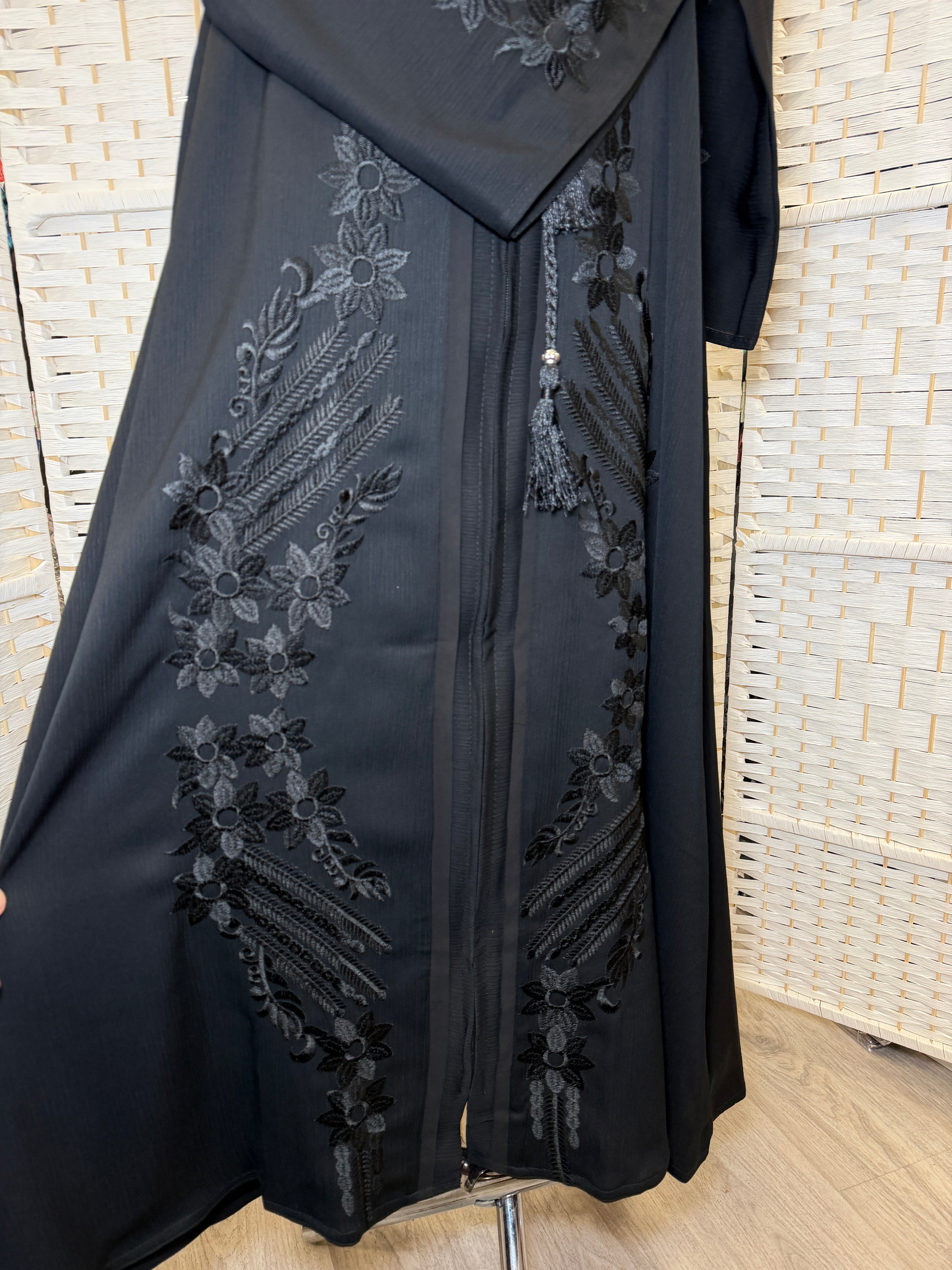 Elegant Black Embroidered Zip-Front Abaya | Classic Modest Abaya with Matching Scarf And Belt